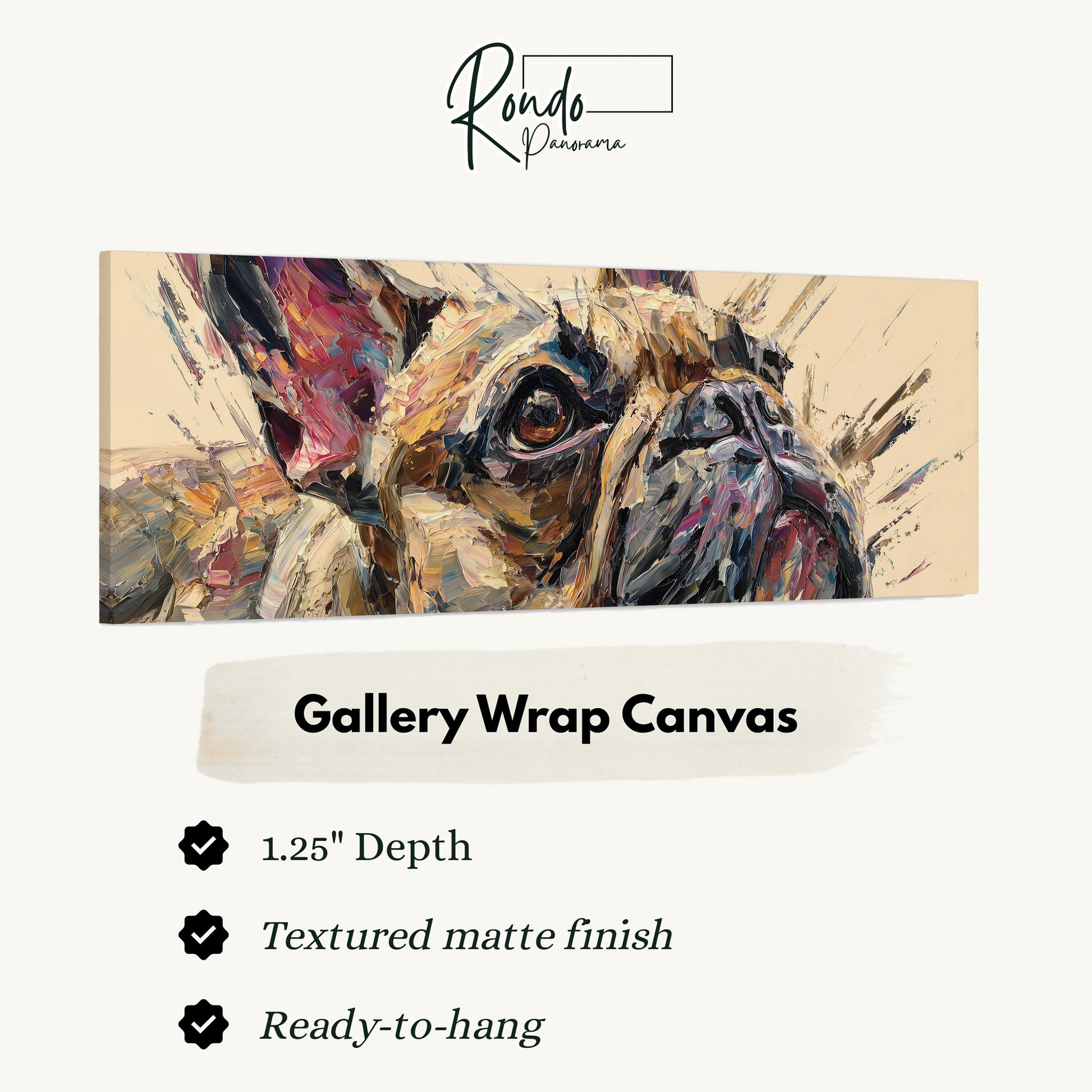 The image is a close-up of a dog's face, likely a French Bulldog, with a text box below it providing information about the artwork.