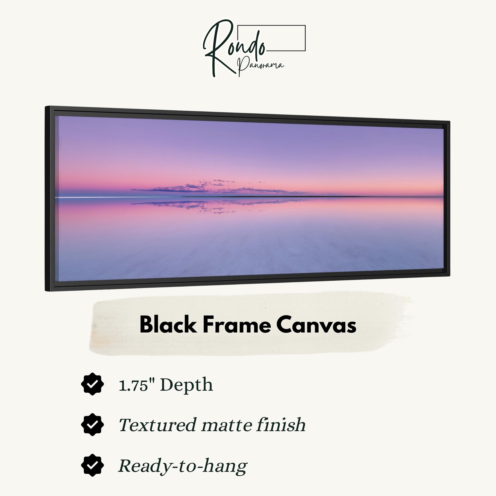 The image is a black frame canvas depicting a serene sunset over a calm body of water.
