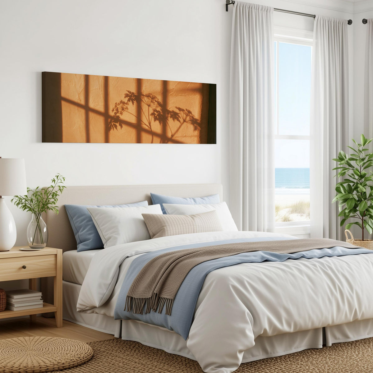 Plant and window shadows on a terracotta wall panoramic canvas print above a bed in a coastal bedroom