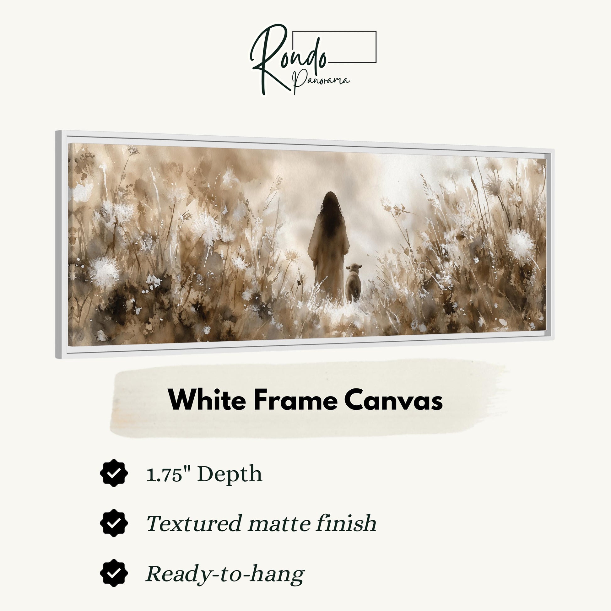 The image is a white frame canvas depicting a woman and a dog in a field of flowers.