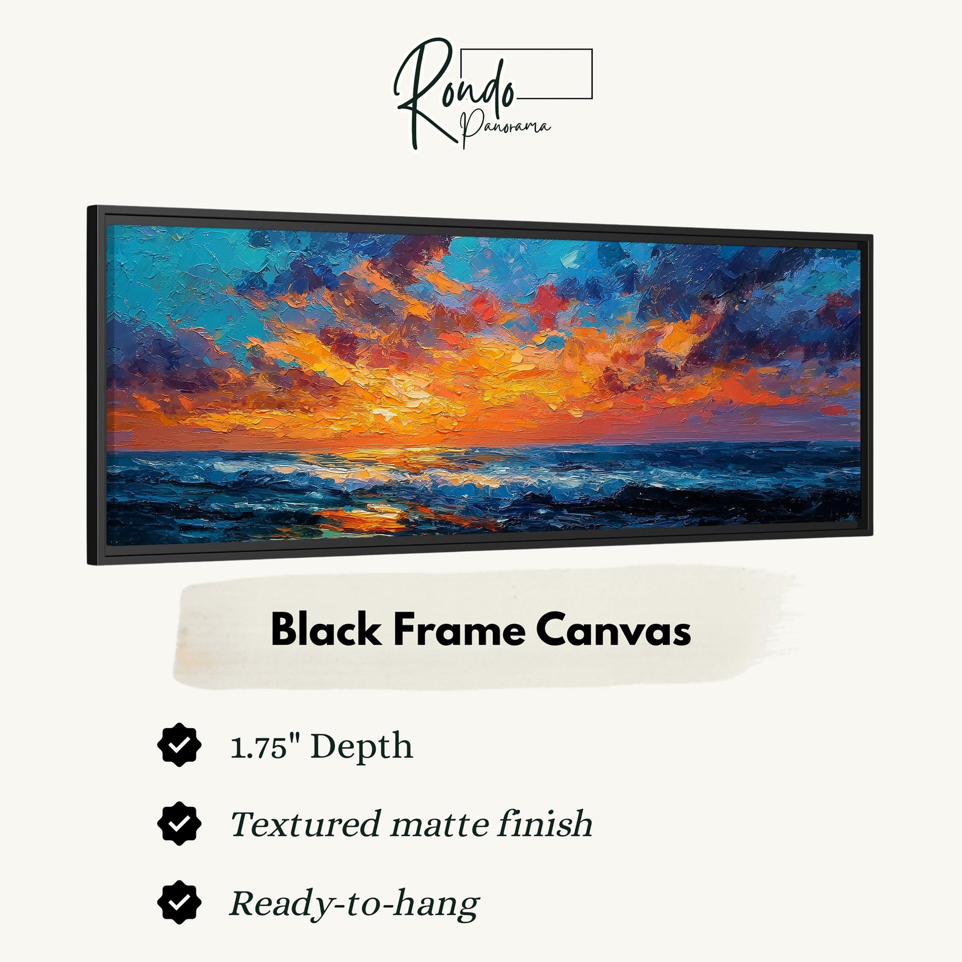 The image is a black frame canvas depicting a sunset over the ocean.