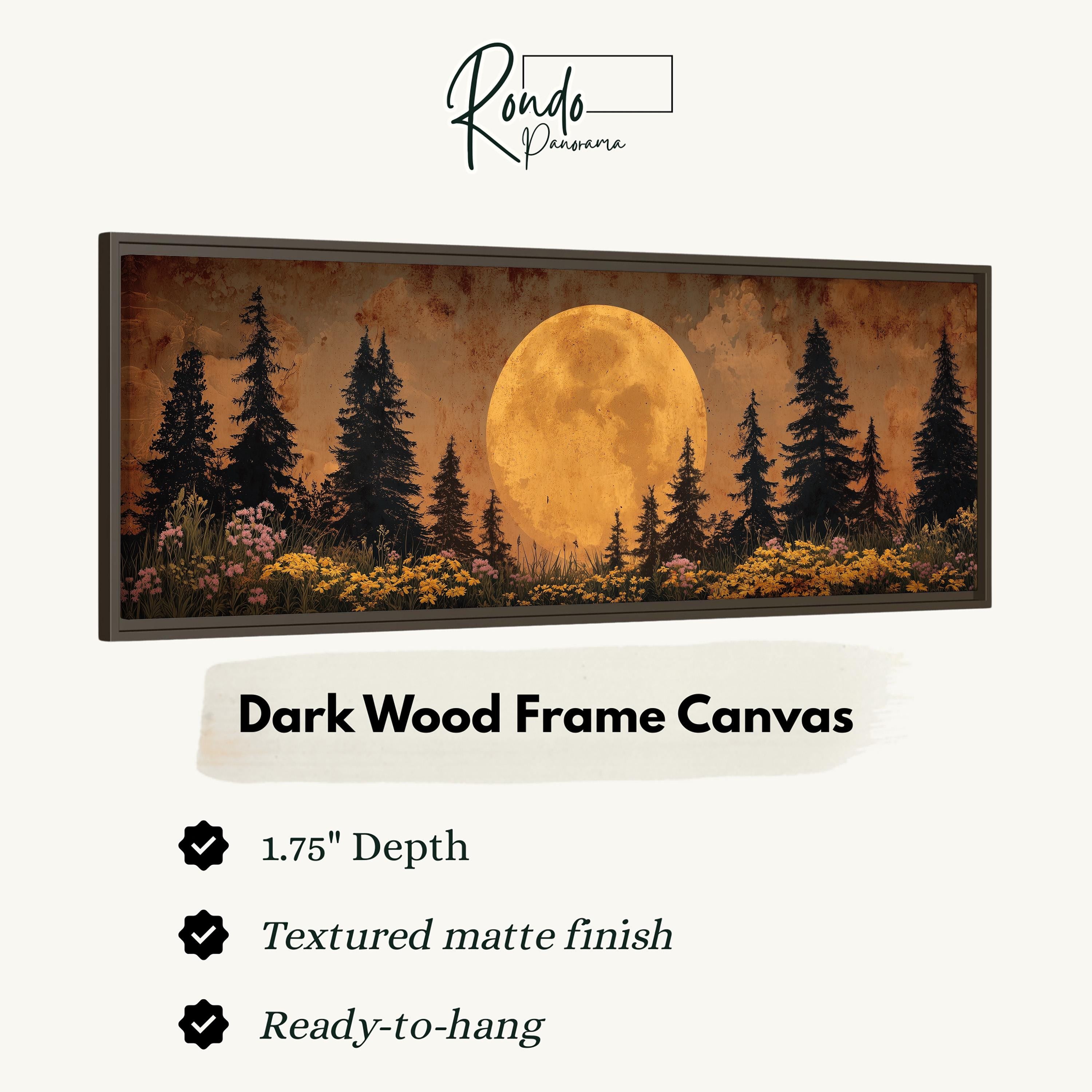 The image is a dark wood frame canvas depicting a serene landscape with a full moon, pine trees, and wildflowers.