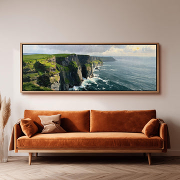 Emerald sea cliffs long horizontal canvas print above a sofa in a living room
