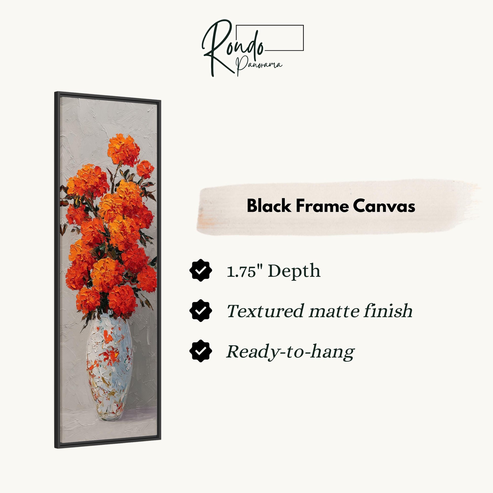 a black frame canvas with a painting of a vase filled with orange flowers.