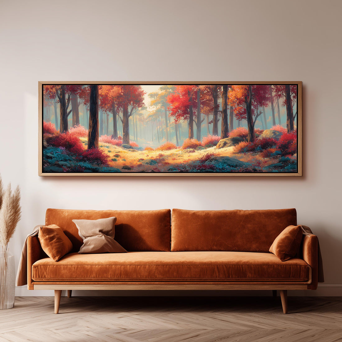 a large, vibrant painting of a forest scene hanging on a wall above a brown sofa.
