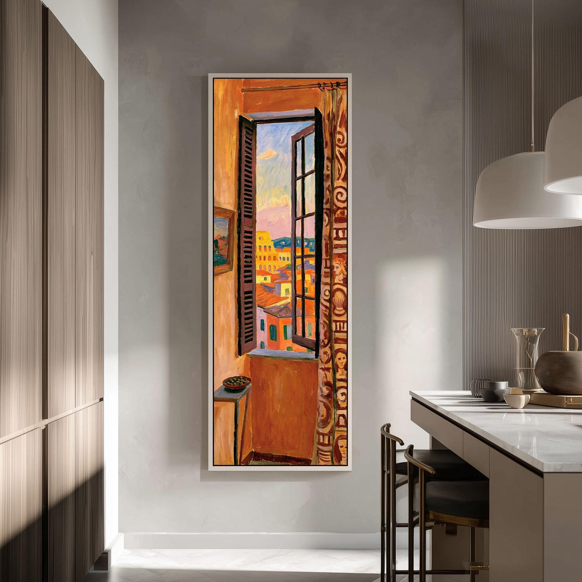 Rome's Colosseum through a tall orange room window tall skinny canvas print in a modern kitchen