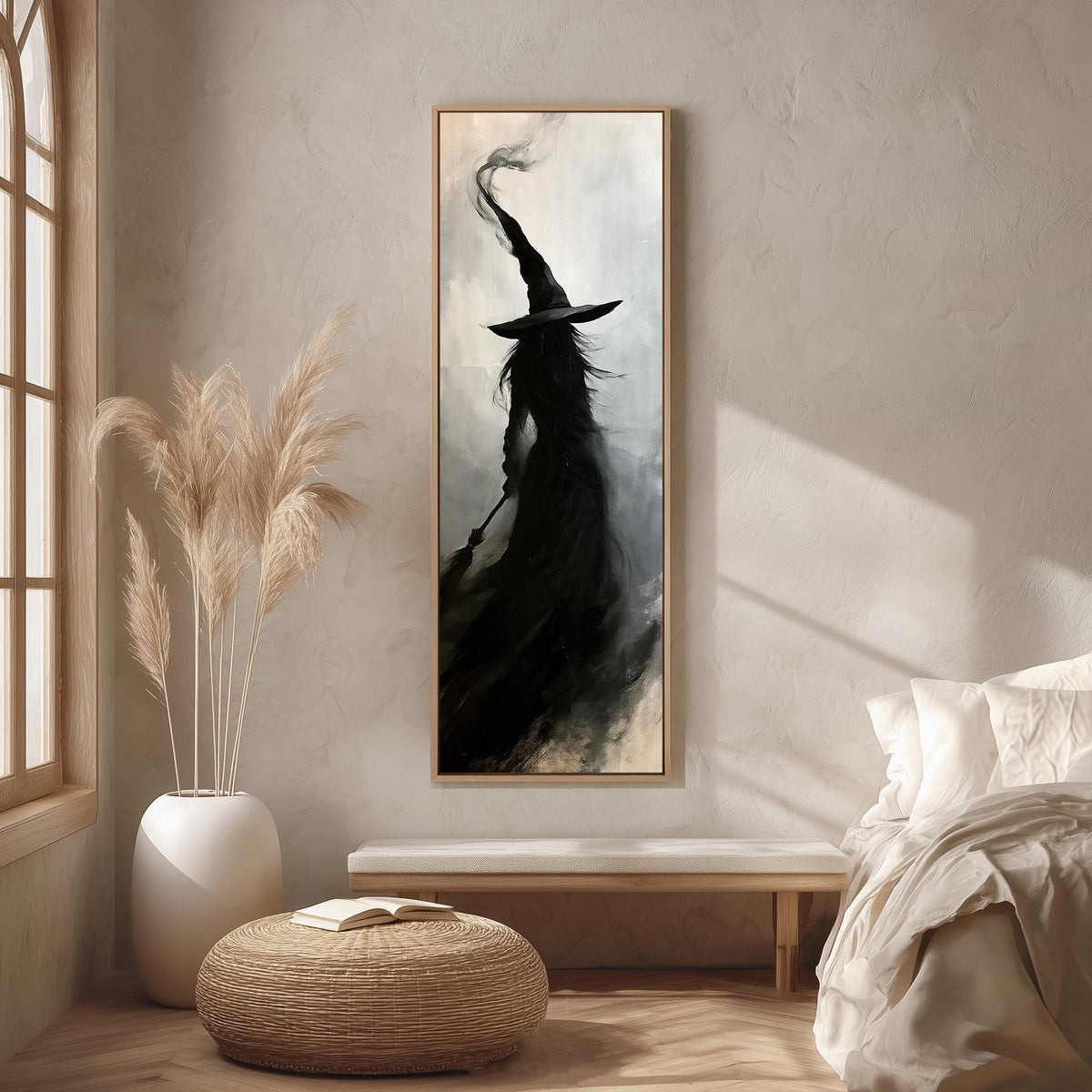 Witch silhouette with a tall hat in smoke long vertical canvas print in a bright reading corner