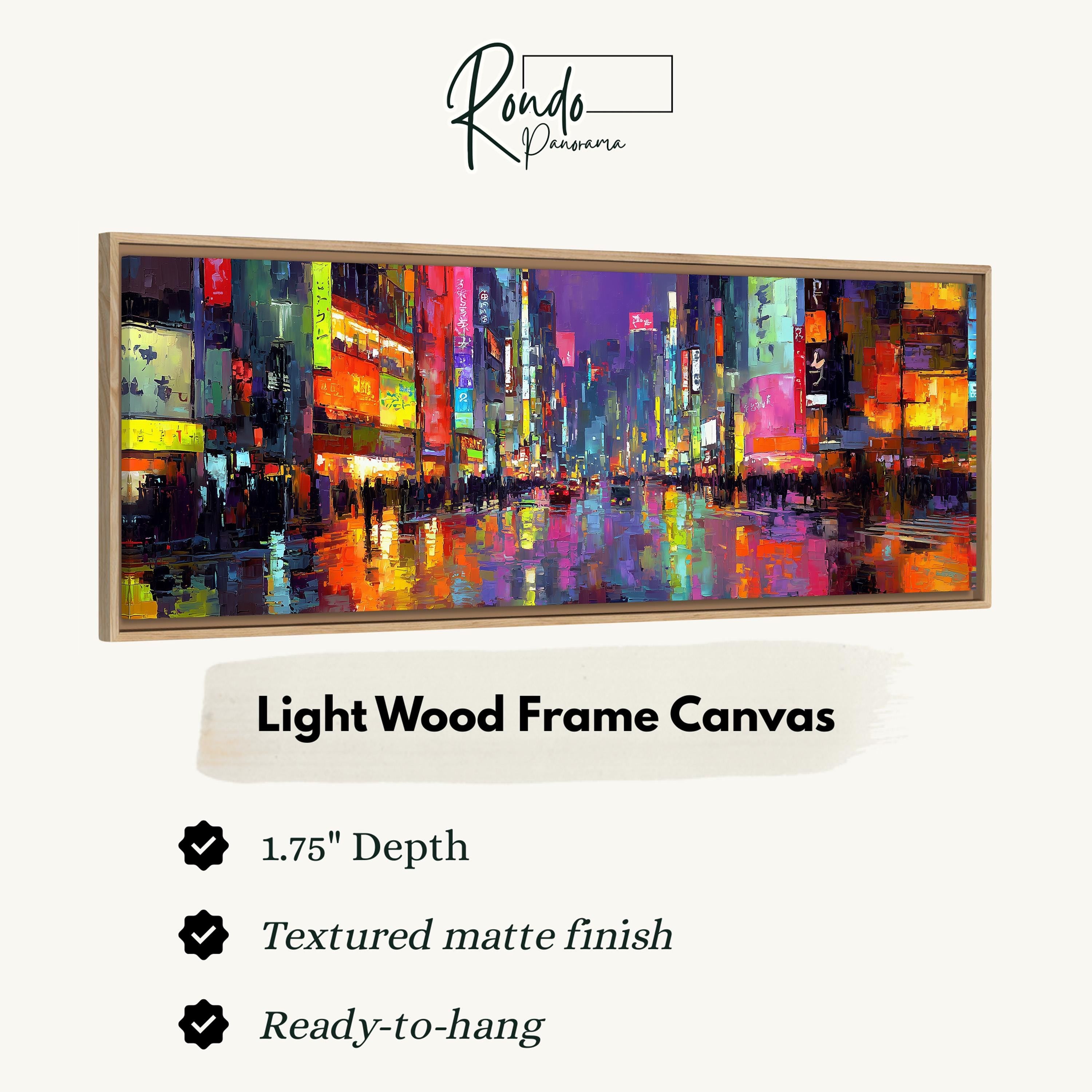 The image is a framed canvas depicting a vibrant cityscape with colorful buildings and lights, and it is described as a light wood frame canvas with a 1.75" depth and a textured matte finish.