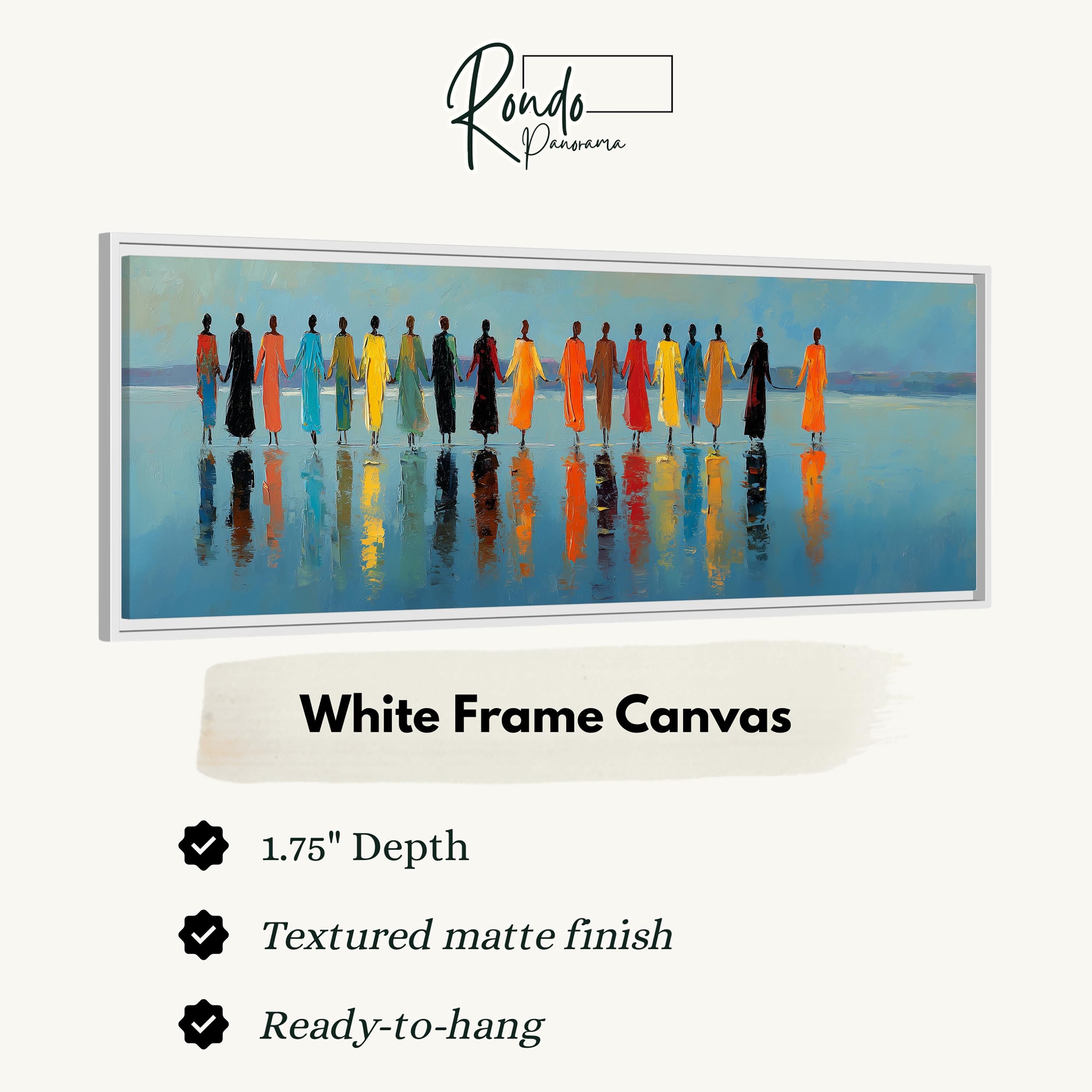 The image is a white frame canvas featuring a painting of a group of people standing in a line on a body of water.