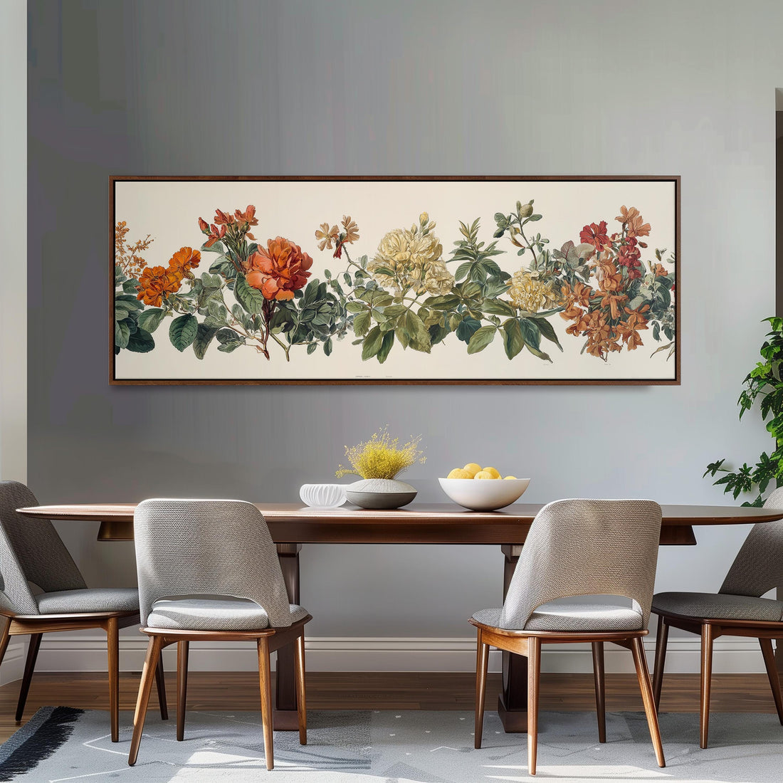 a large framed print of a floral arrangement hanging on a wall above a white sofa with gray and white plaid throw pillows.