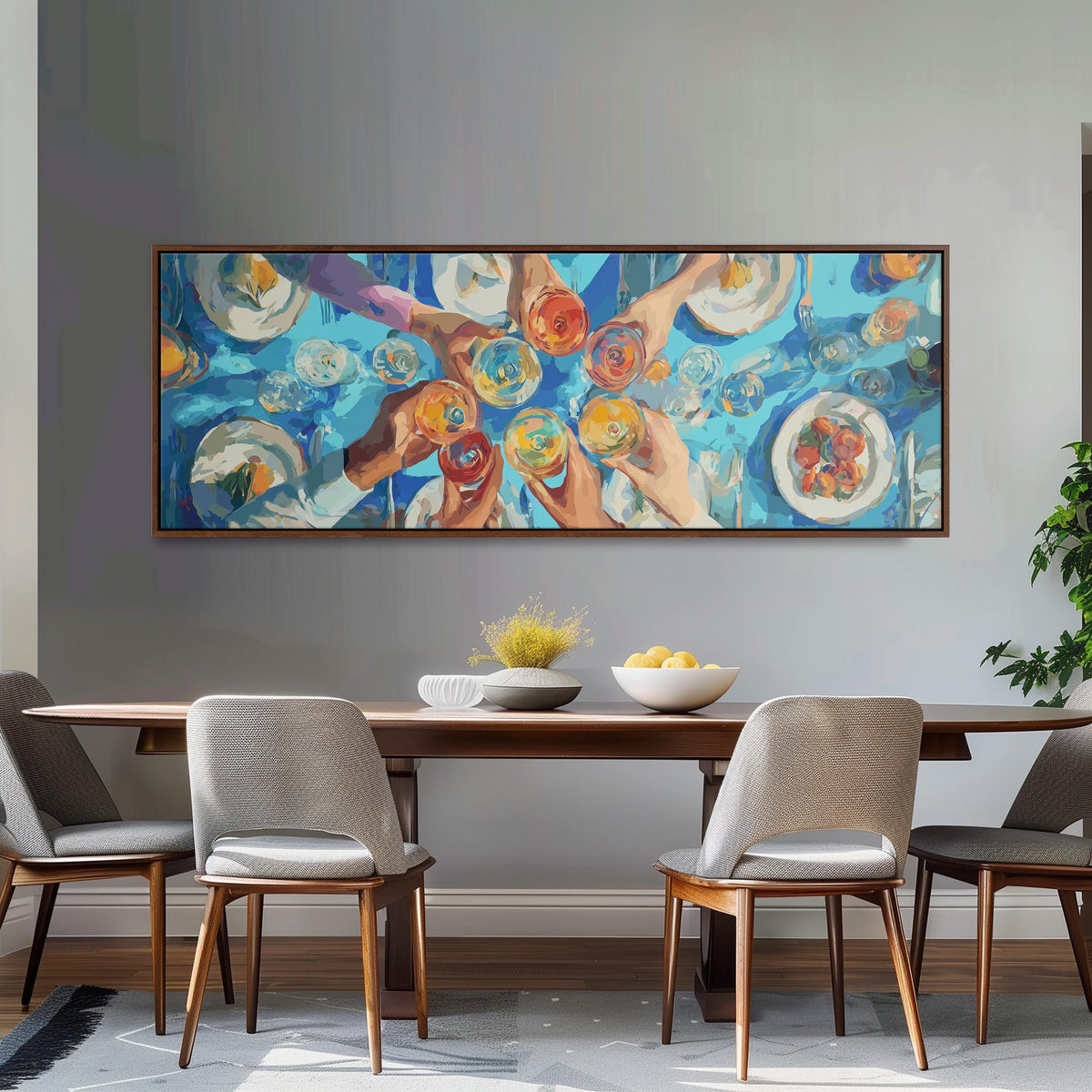 Friends toasting over a blue table from above long horizontal canvas print above a sofa in a living room