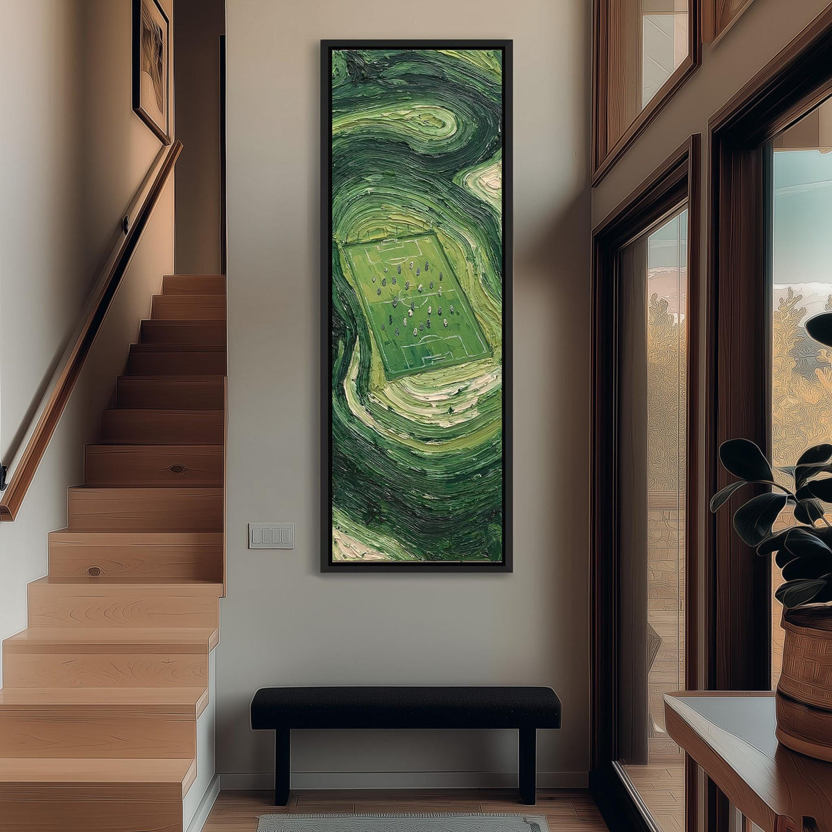 Aerial soccer field surrounded by swirling green tall narrow canvas print beside a staircase in an entryway