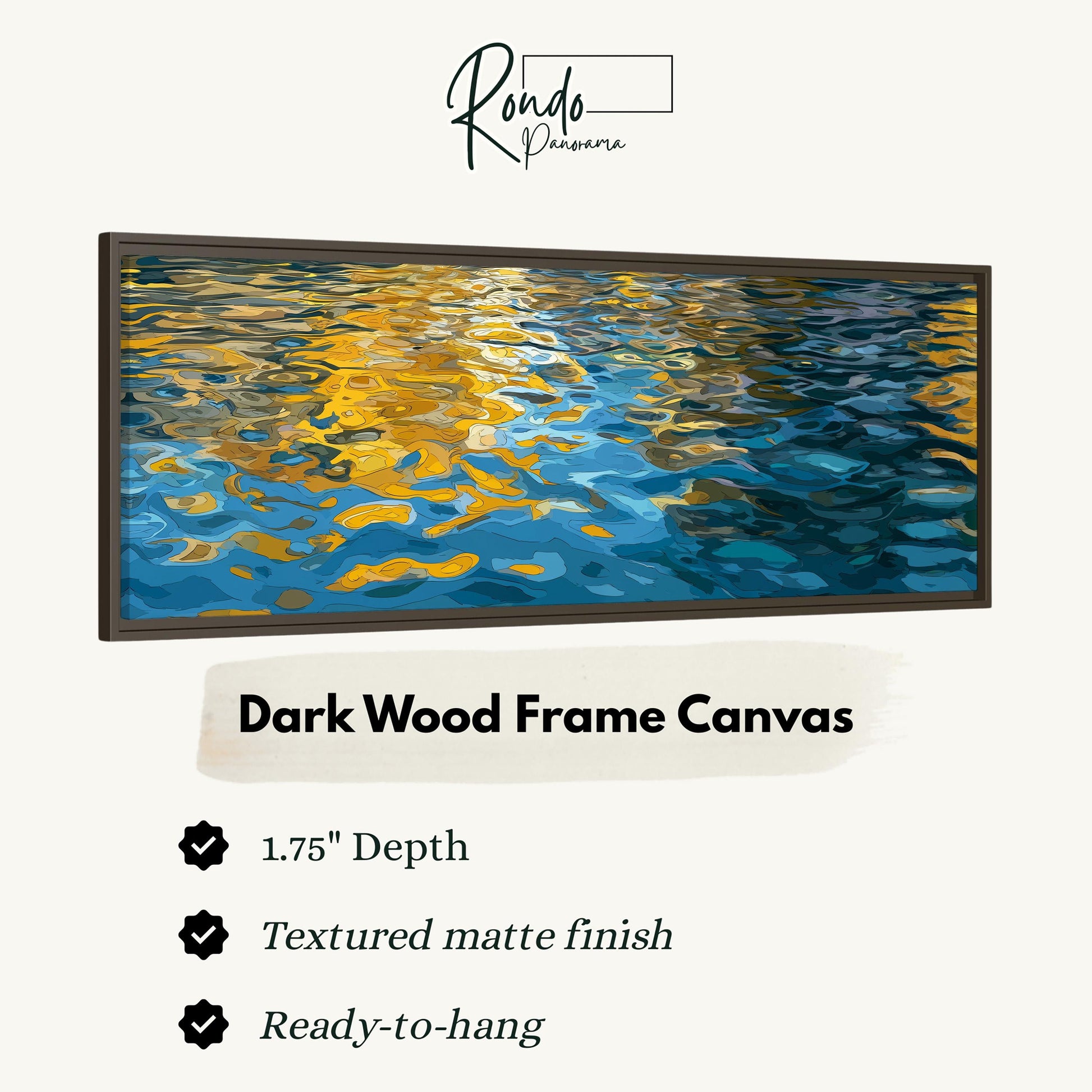 The image is a framed artwork depicting a water surface with a textured matte finish. The frame is described as having a 1.75" depth and a textured matte finish. It is ready to hang.