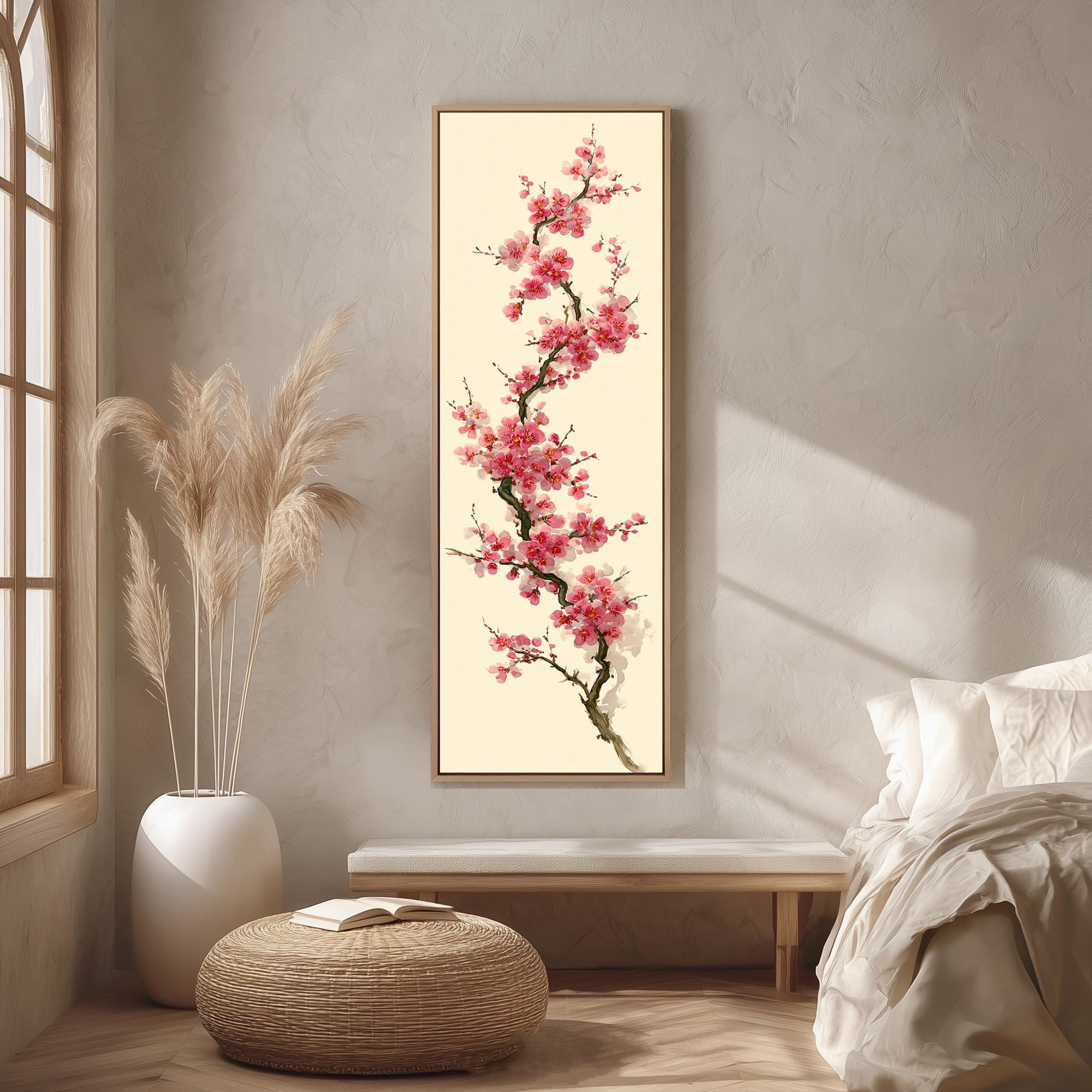 a serene bedroom setting with a large floral painting hanging on the wall, a white bed with a white pillow, a white vase with dried flowers, and a woven ottoman.