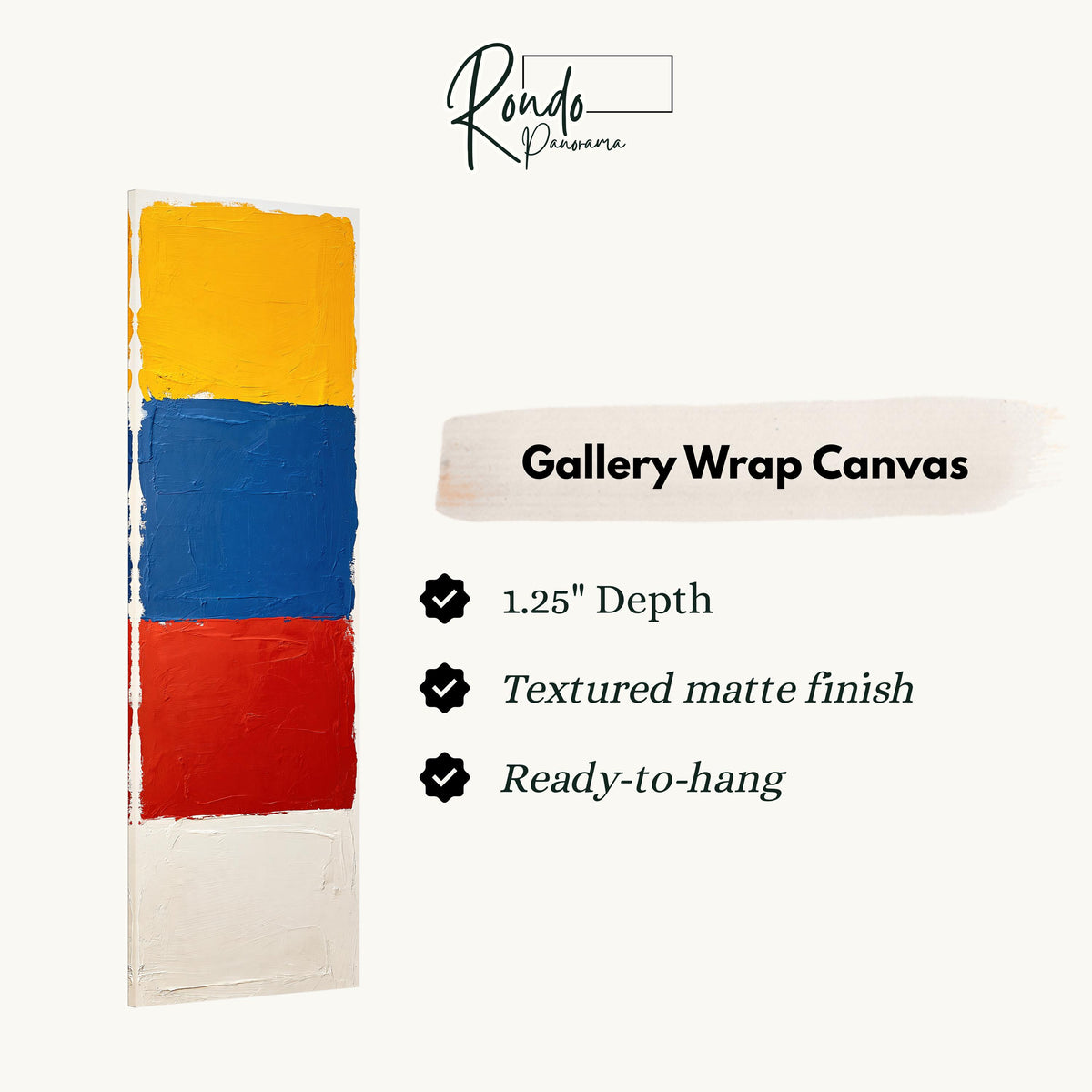Color field blocks in yellow, blue and red gallery wrap canvas with the image wrapped around the edges