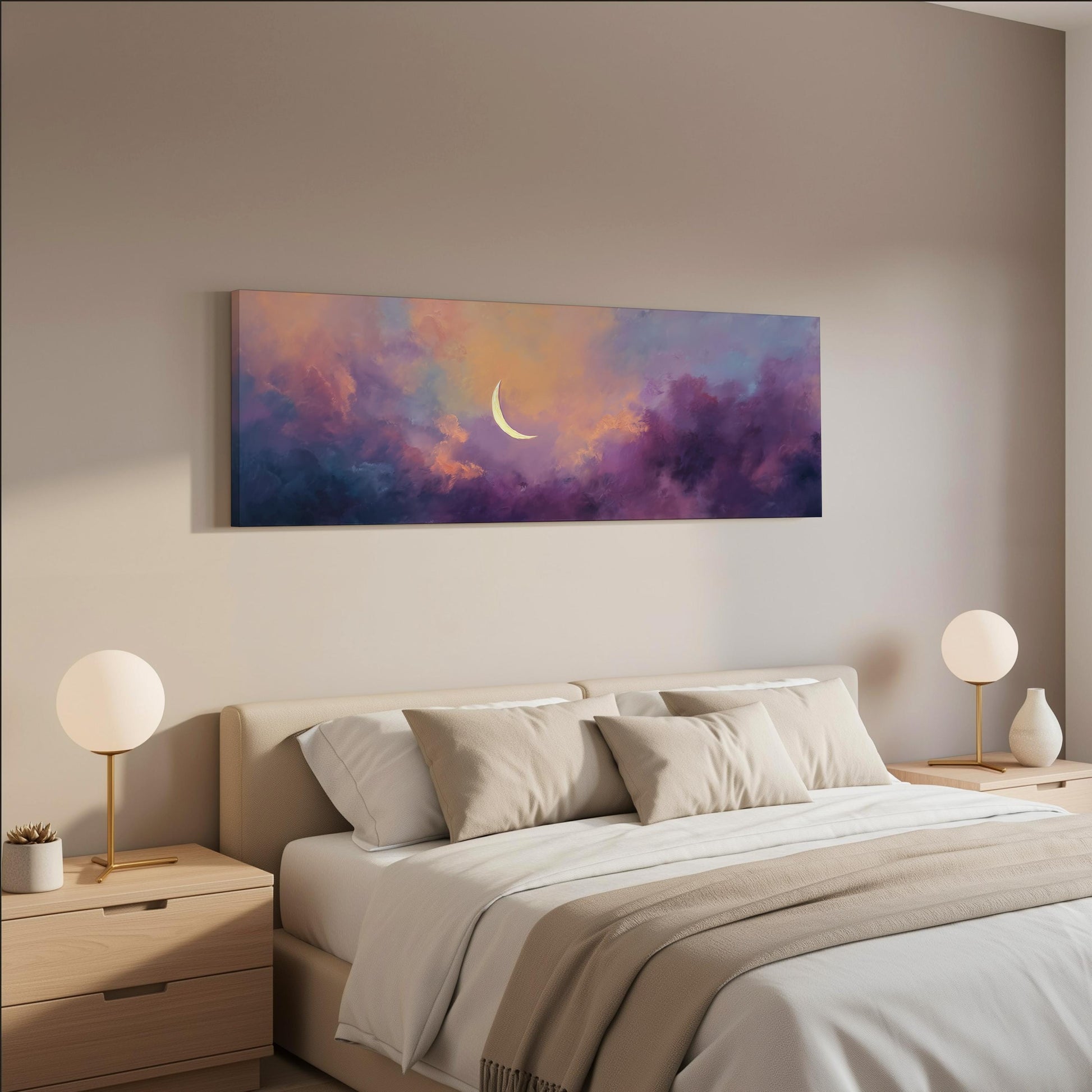 a serene bedroom scene with a large bed adorned with white linens and beige pillows, flanked by two white lamps on nightstands. Above the bed hangs a large painting of a crescent moon against a vibrant, colorful sky.