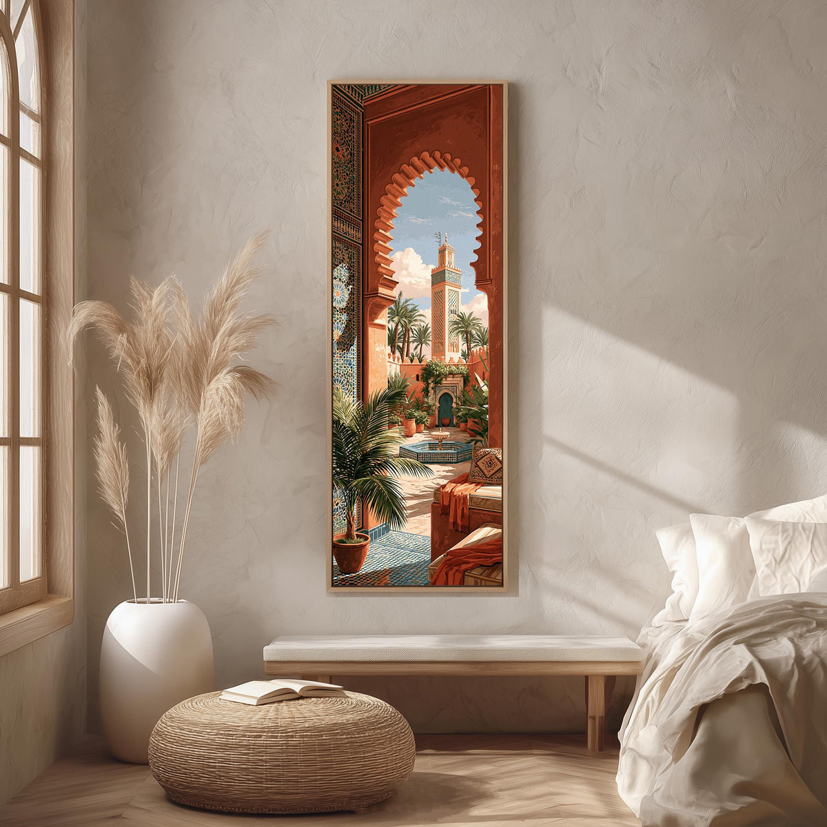 Moroccan courtyard and minaret through a terracotta arch long vertical canvas print in a bright reading corner