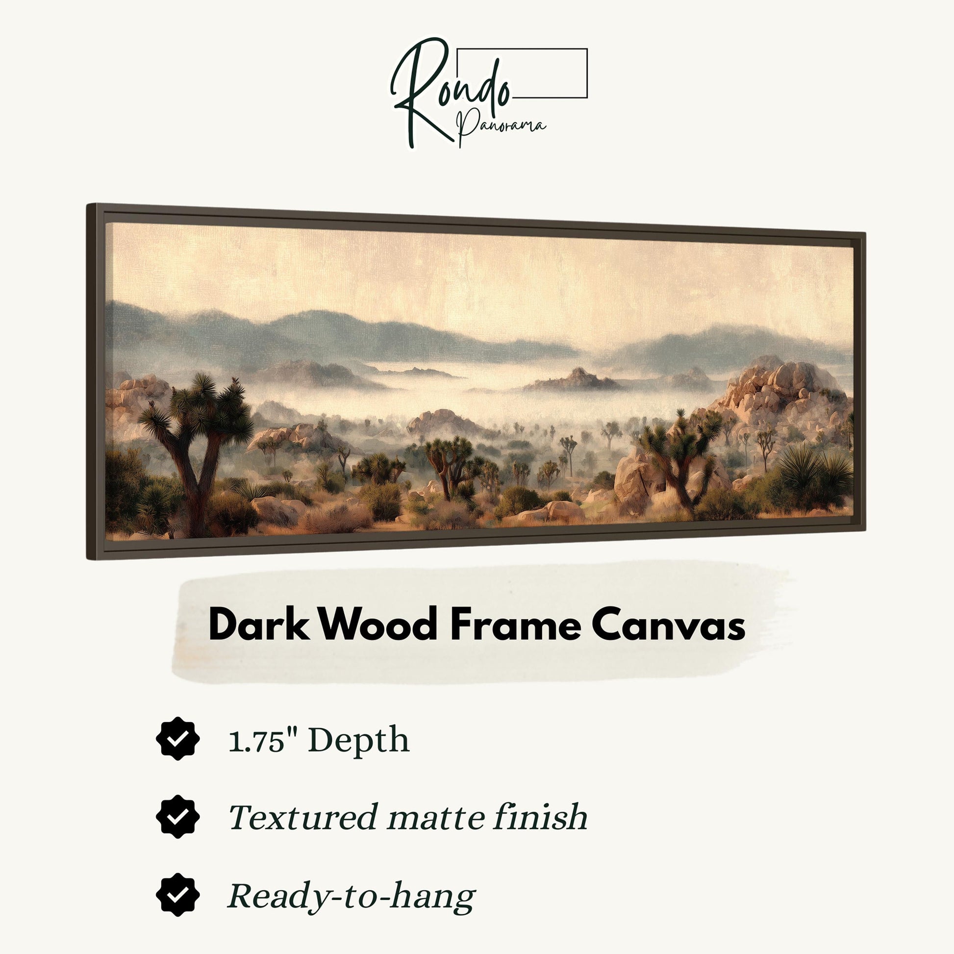 The image is a framed canvas depicting a desert landscape with mountains in the background.