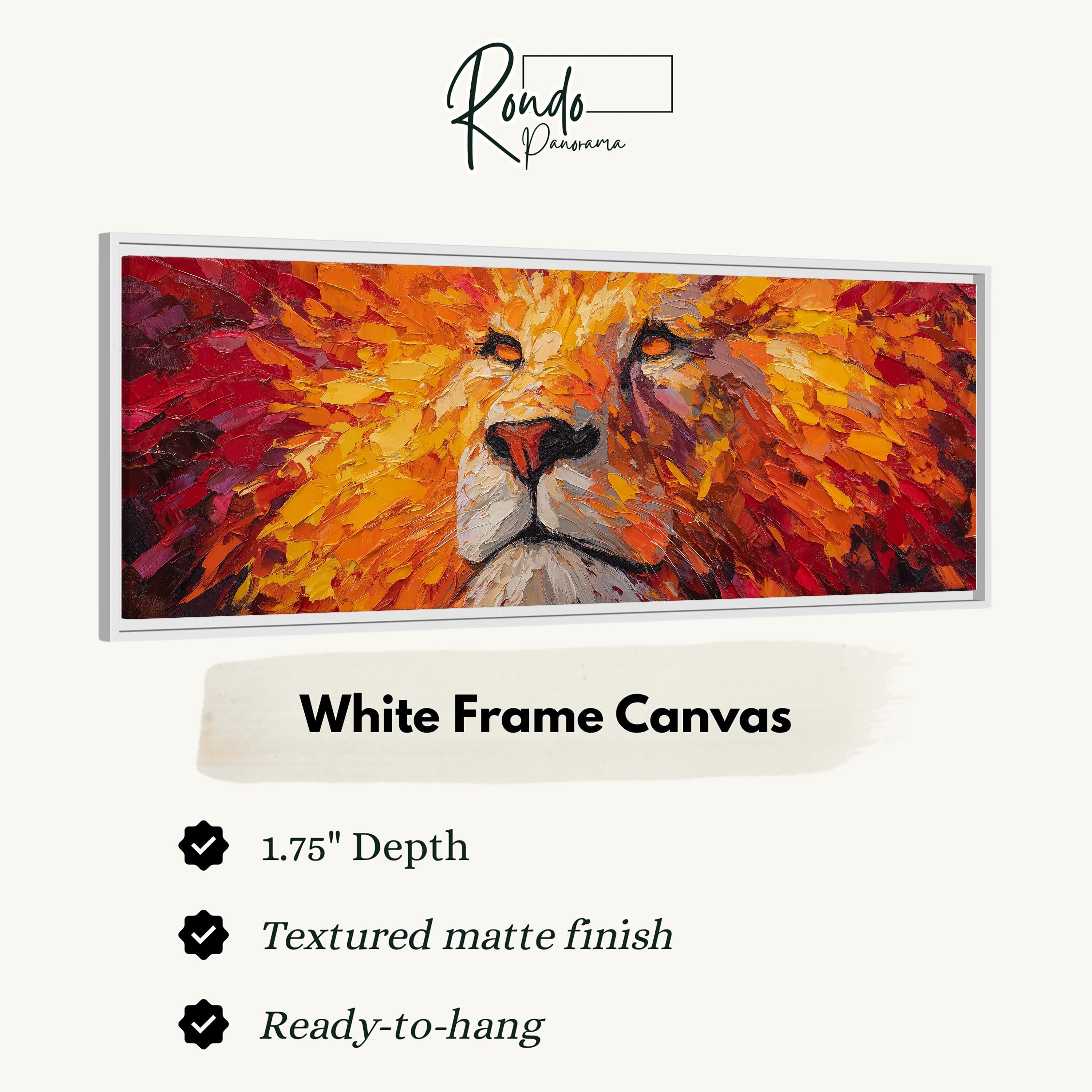 The image is a close-up of a vibrant, textured white frame canvas depicting a close-up of a lion's face.