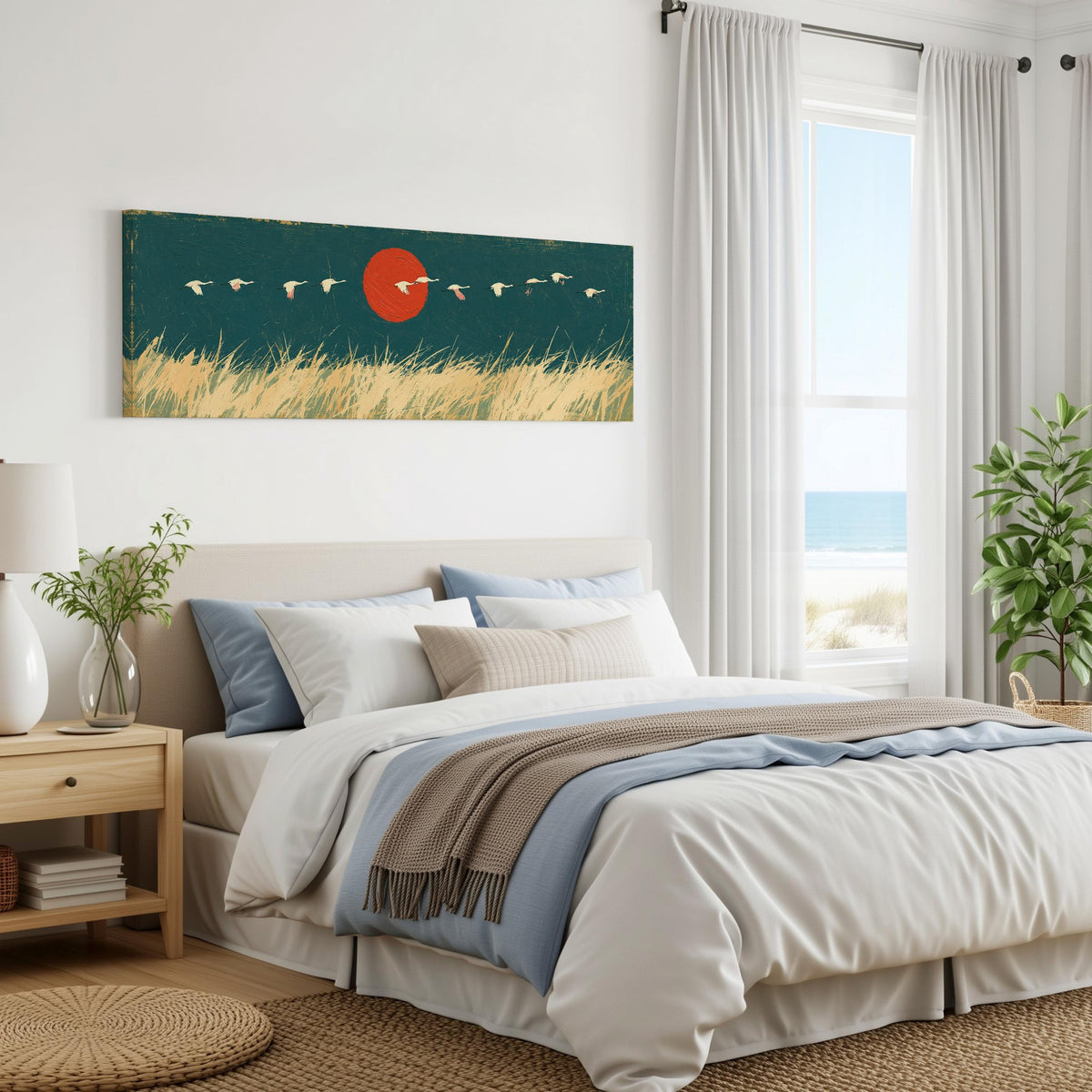 Bird flock over a prairie under a red sun panoramic canvas print above a bed in a coastal bedroom