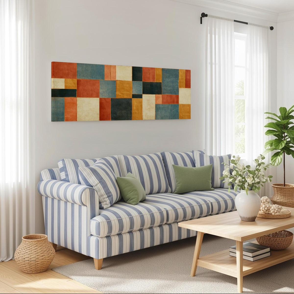 Rust, gold, navy and cream quilt blocks long horizontal canvas print above a striped sofa in a coastal living room