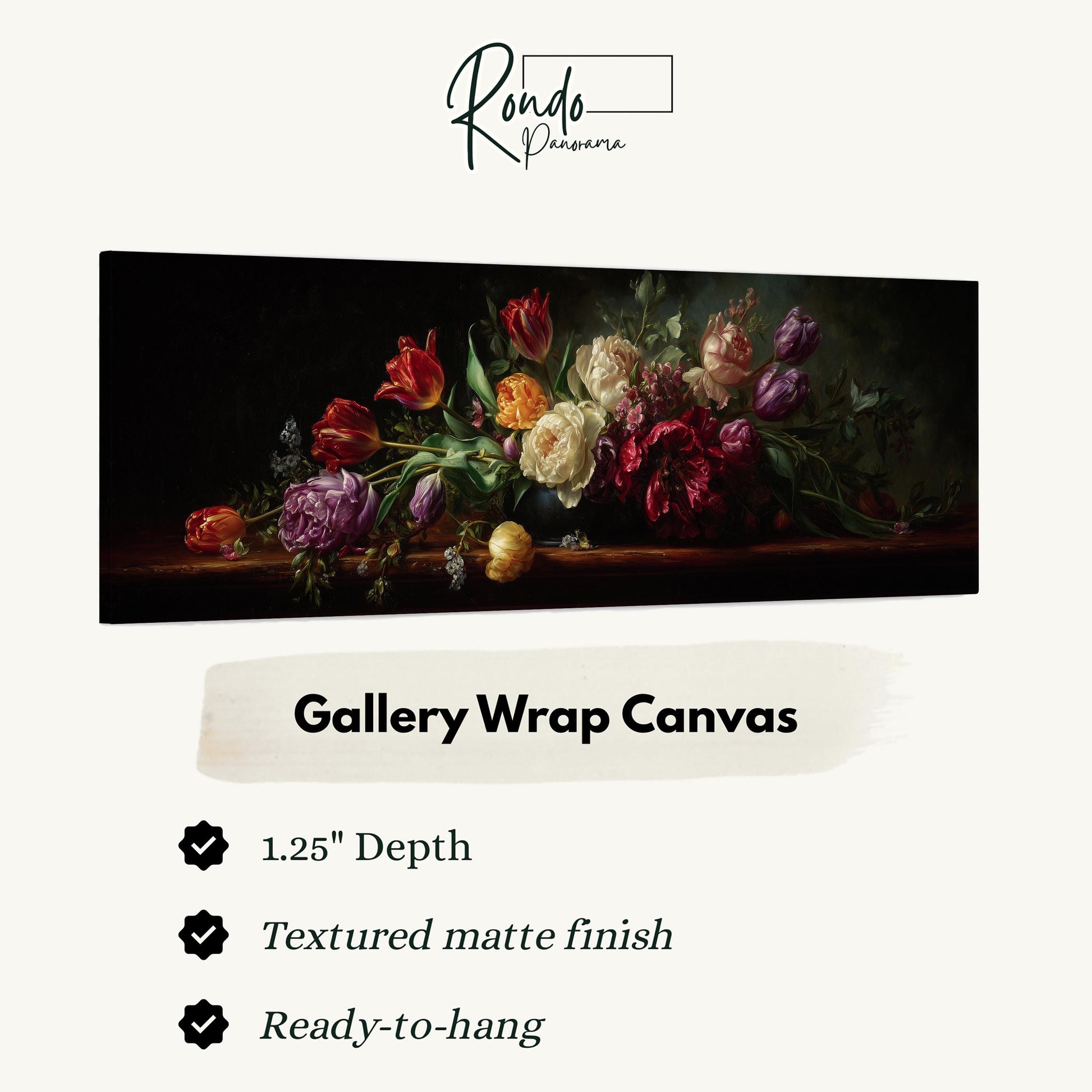 The image is a painting of a bouquet of flowers, specifically a large arrangement of roses, displayed on a wooden surface.
