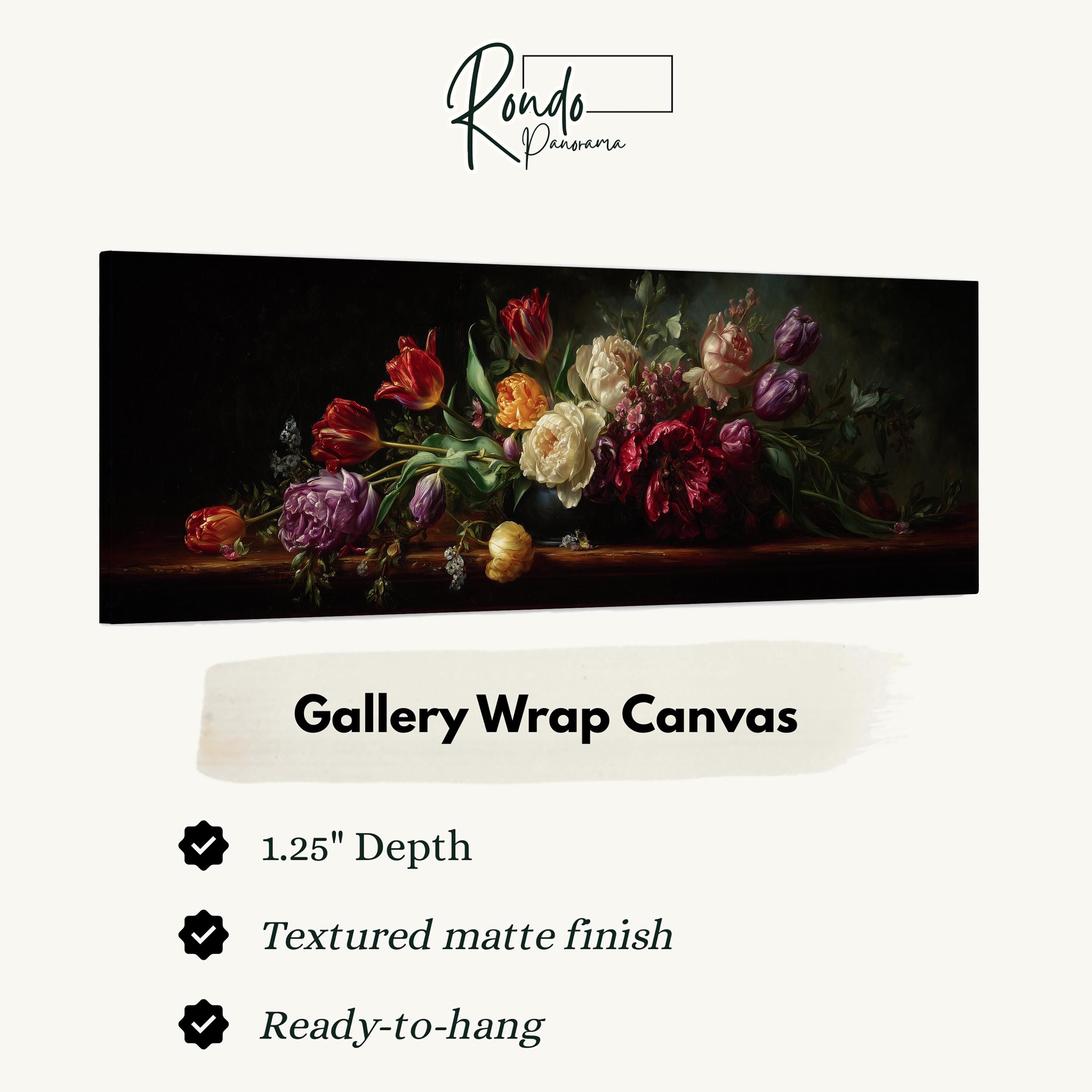 The image is a painting of a bouquet of flowers, specifically a large arrangement of roses, displayed on a wooden surface.