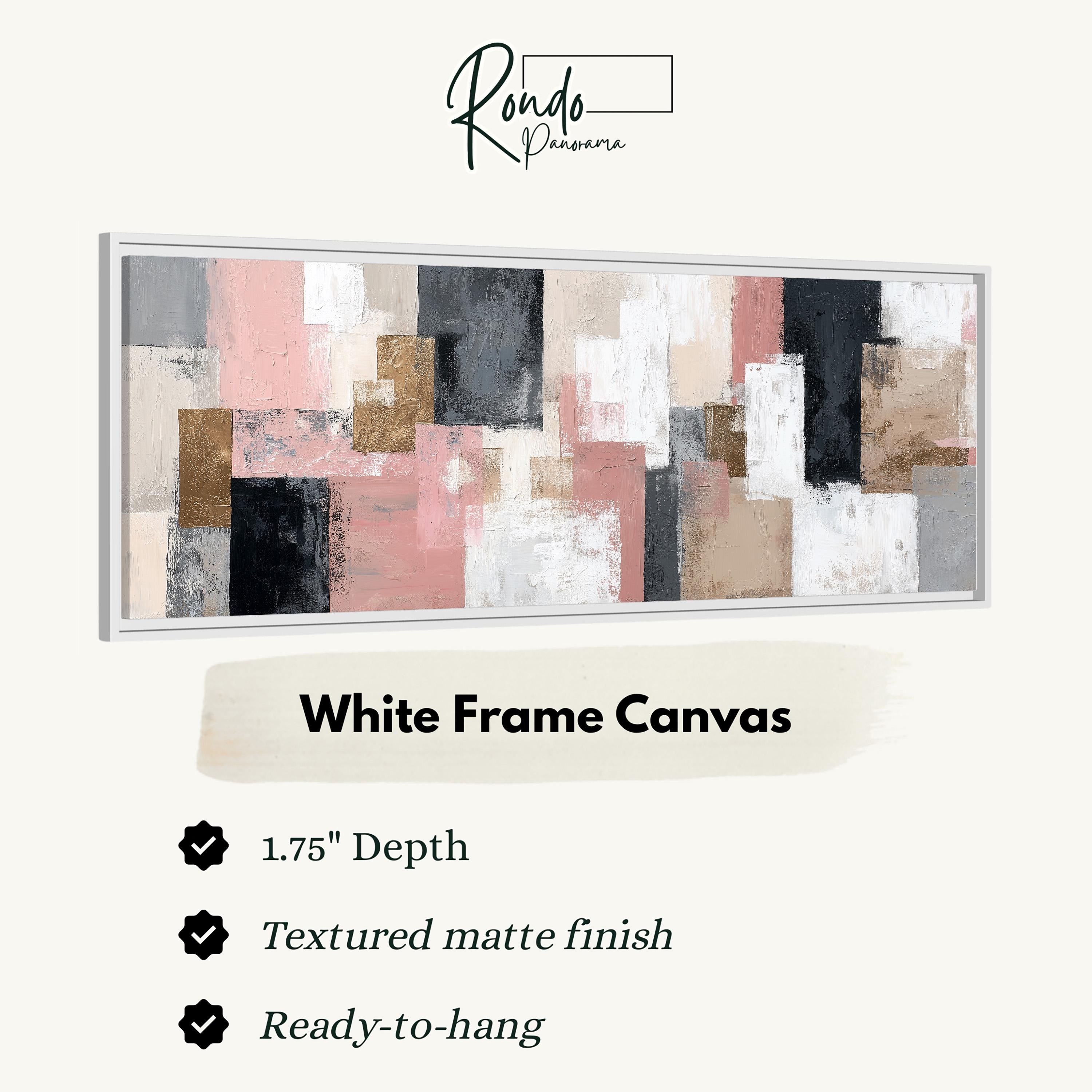 The image is a product advertisement for a white frame canvas. It features a large abstract painting with a variety of colors and textures, and provides information about the product's features and dimensions.