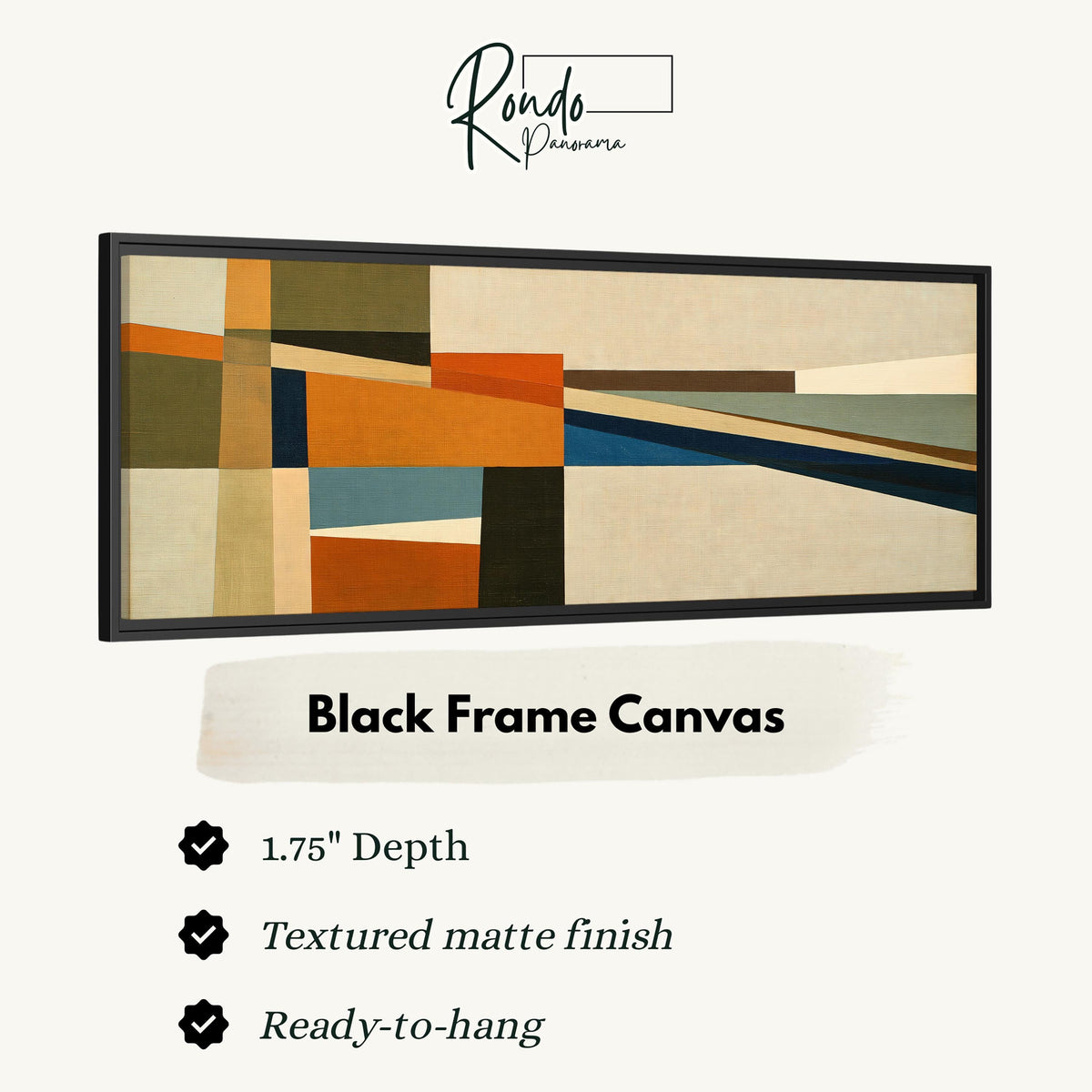 Olive and rust geometric blocks canvas print in a black floating frame