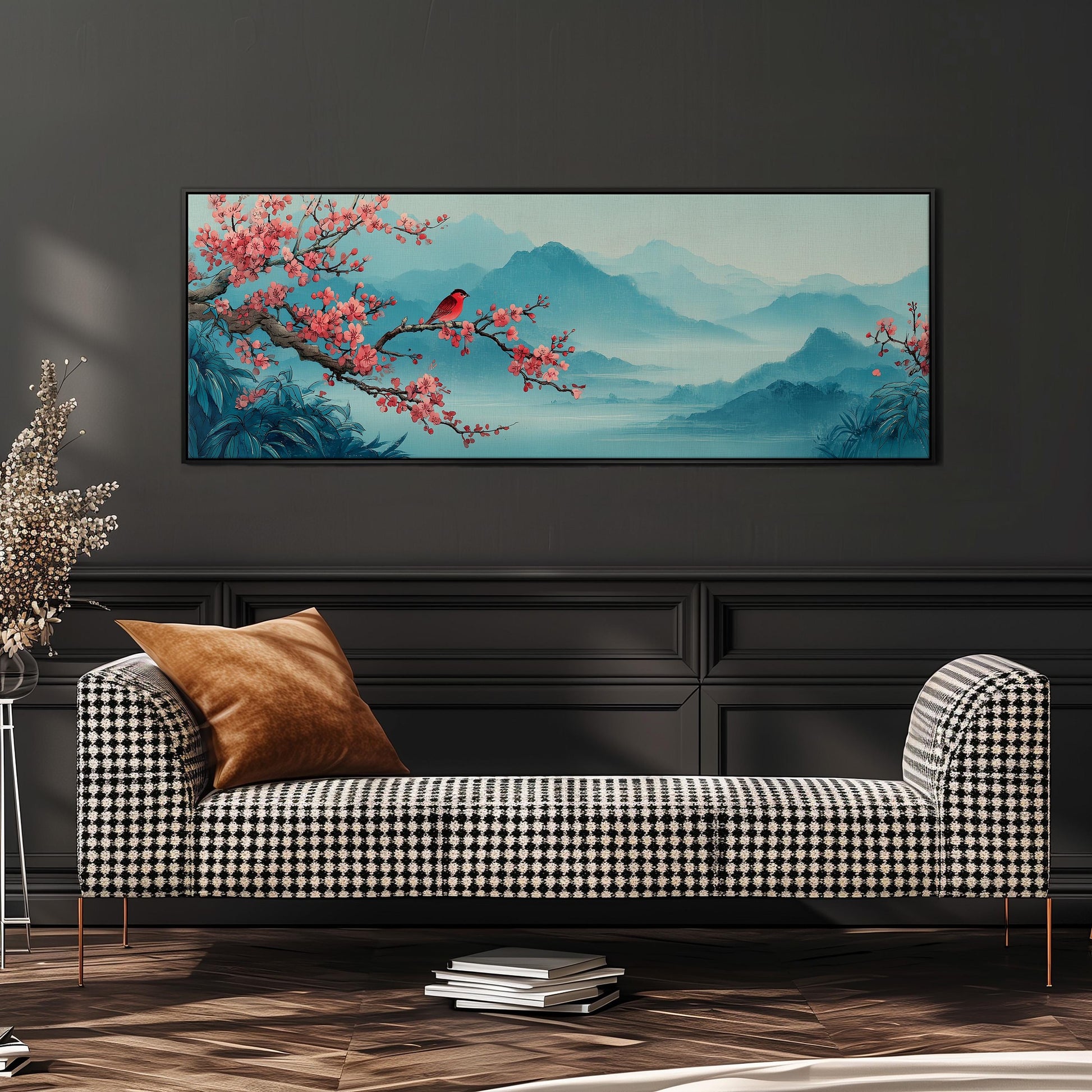 a checkered sofa with a brown throw pillow, set against a large framed painting depicting a serene landscape with a red bird perched on a branch.