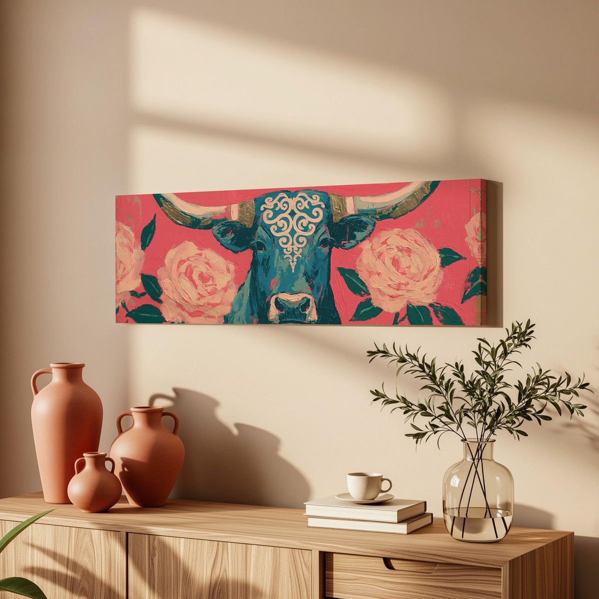 Longhorn with pink roses long horizontal canvas print above a wooden sideboard