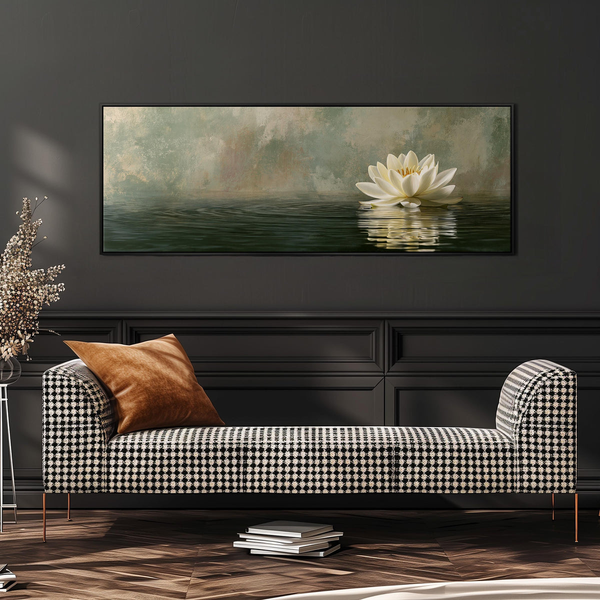 White water lily in soft mist wide panoramic canvas print above a bench in a dark living room