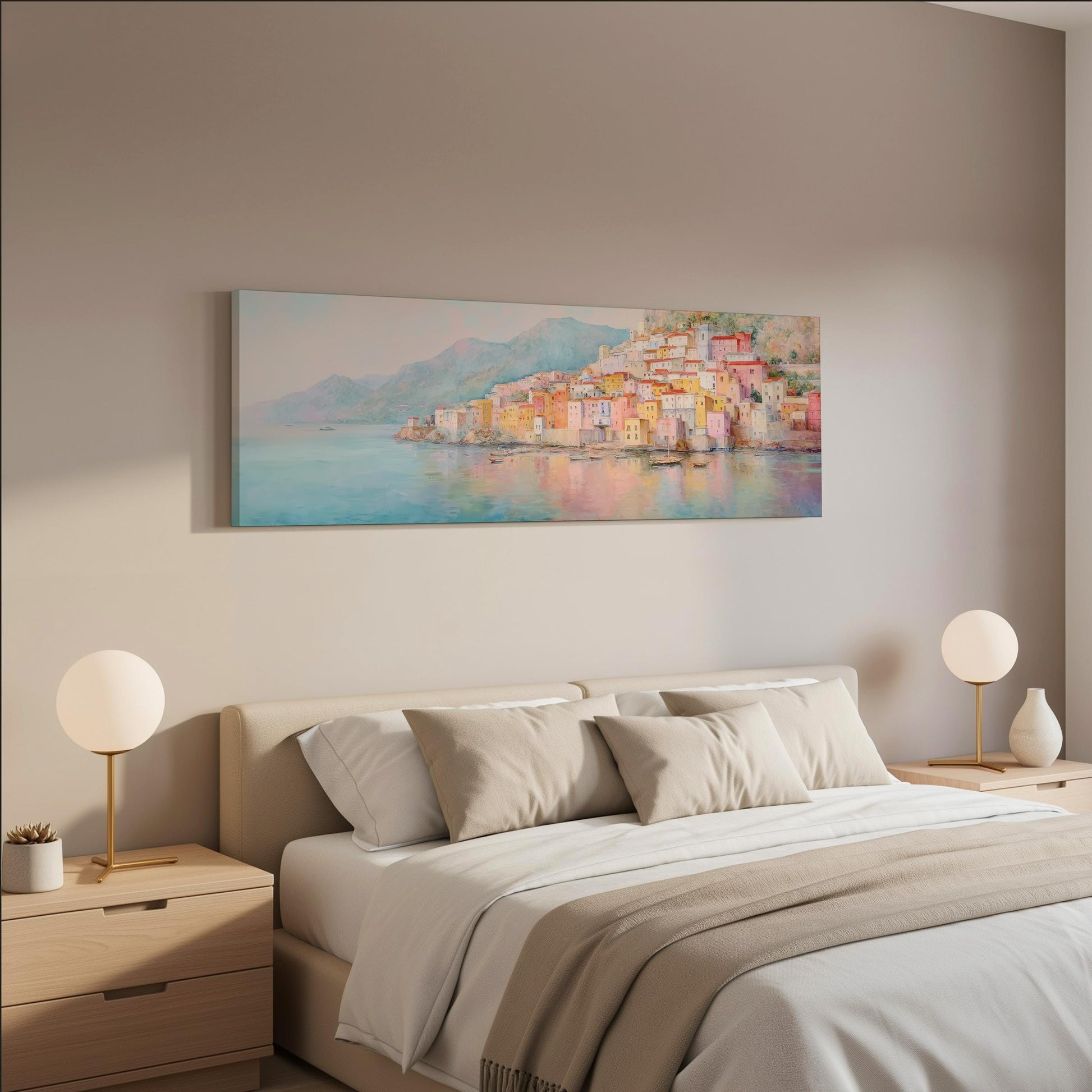 a serene bedroom scene with a large painting of a coastal town hanging on the wall above a bed with white bedding and beige pillows.