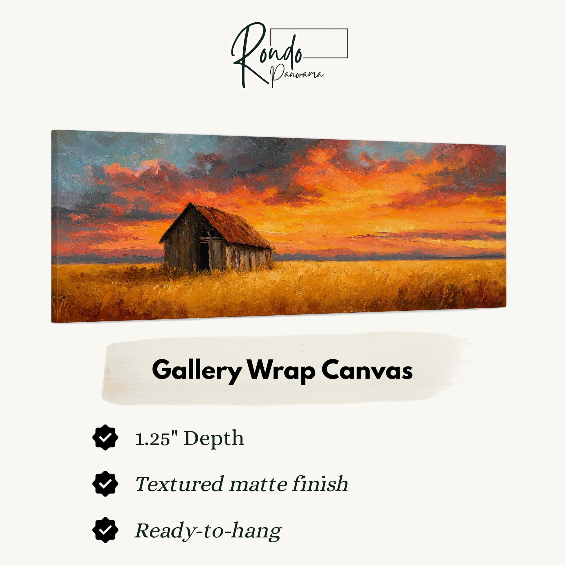 The image is a painting of a barn in a field at sunset, with a textured matte finish and a 1.25" depth.