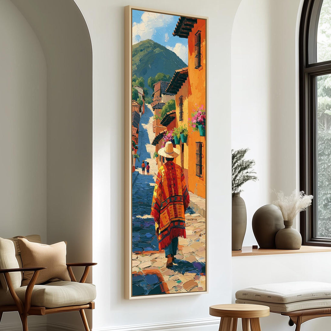 Man in a poncho on a colorful Guatemalan lane long vertical canvas print in a sunlit living space