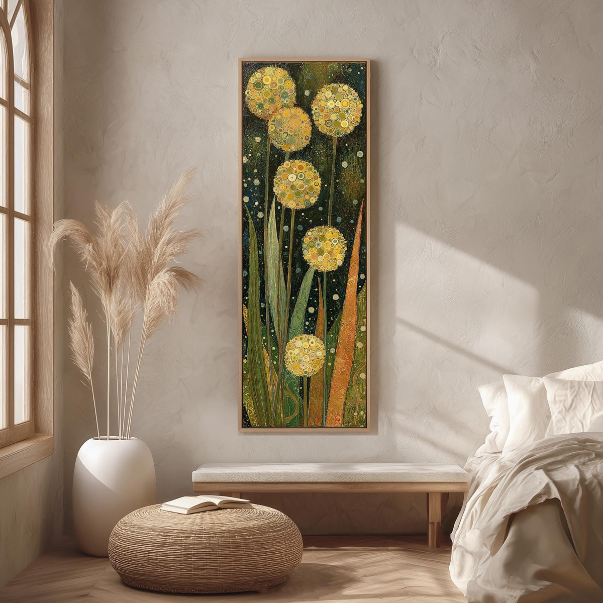 Golden allium blooms long vertical canvas print in a bright reading corner
