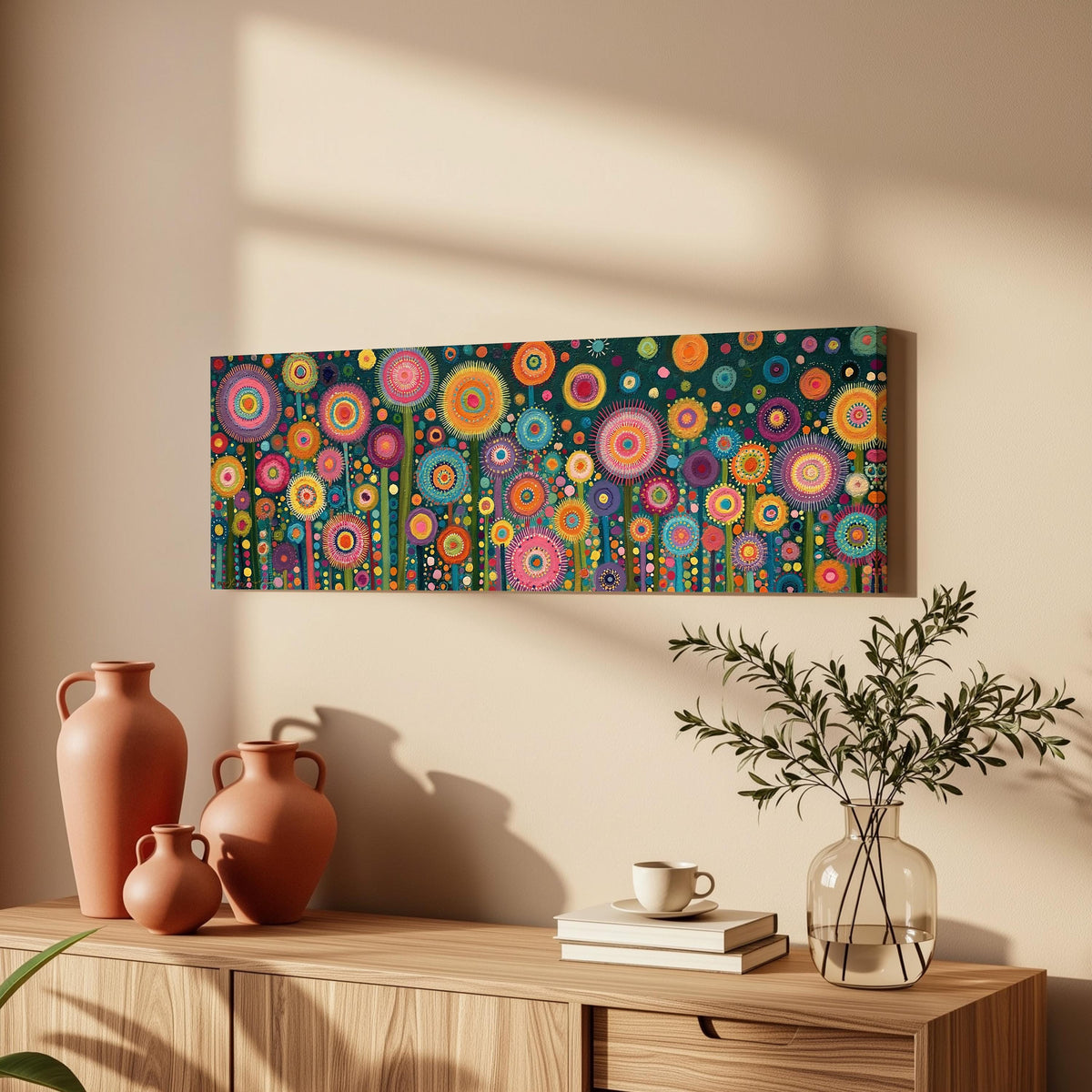 Circle flower garden on teal long horizontal canvas print above a wooden sideboard