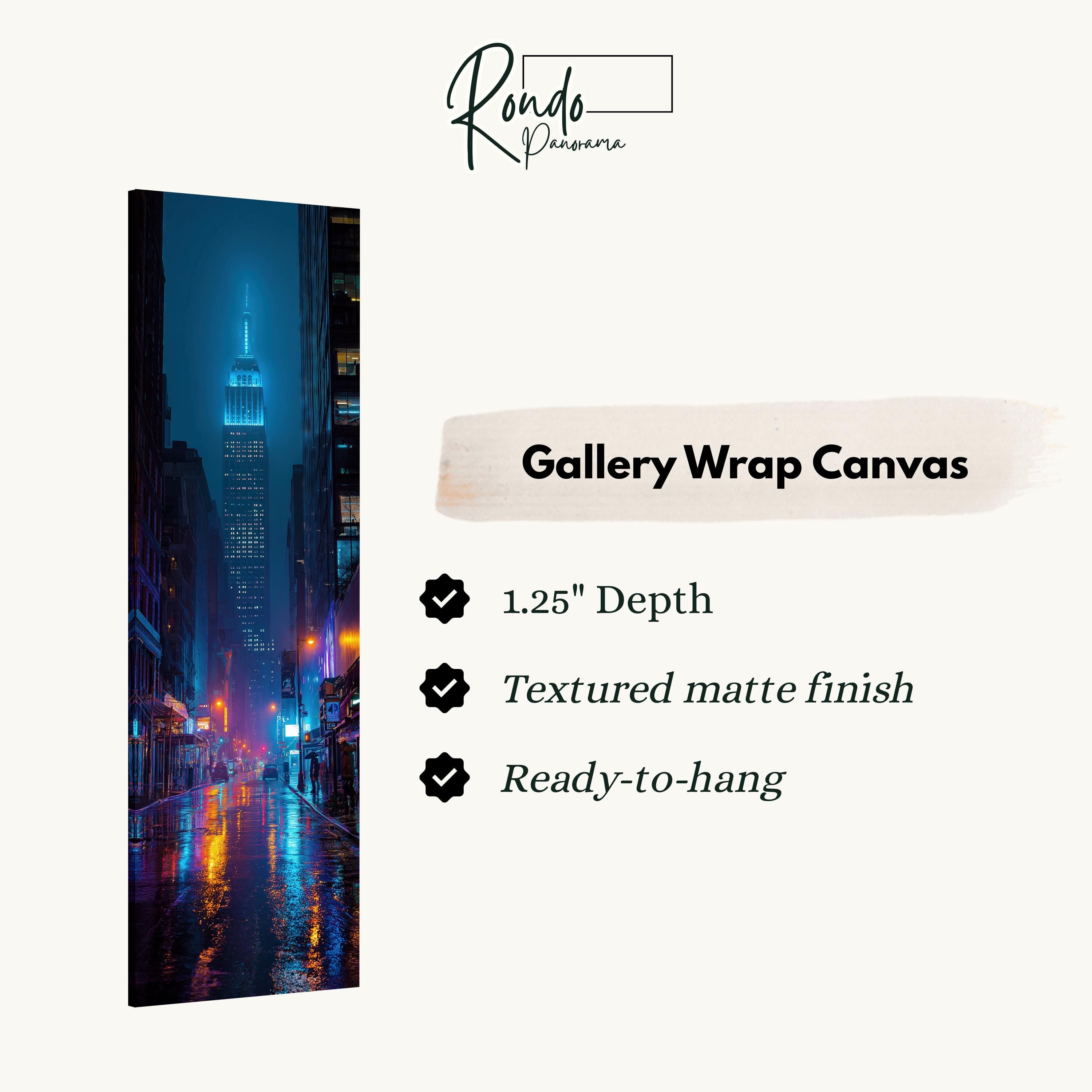 The image is a gallery wrap canvas featuring a nighttime cityscape with a tall building illuminated by lights.