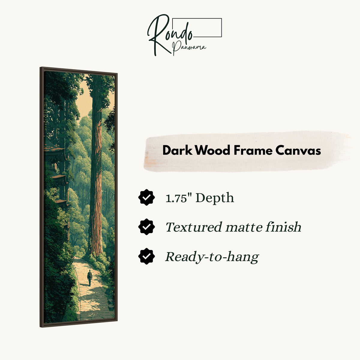 Forest path toward a pagoda canvas print in a dark wood floating frame