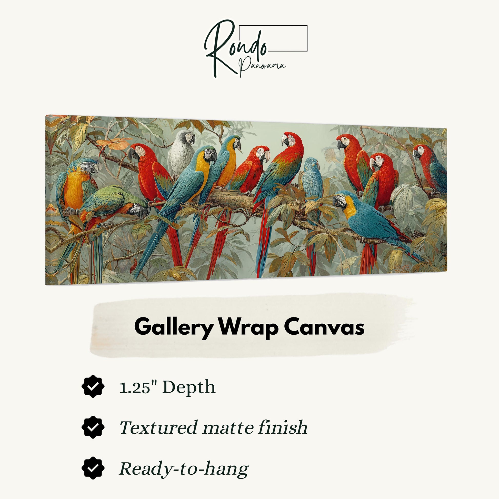 The image is a large painting of a group of colorful parrots perched on branches.