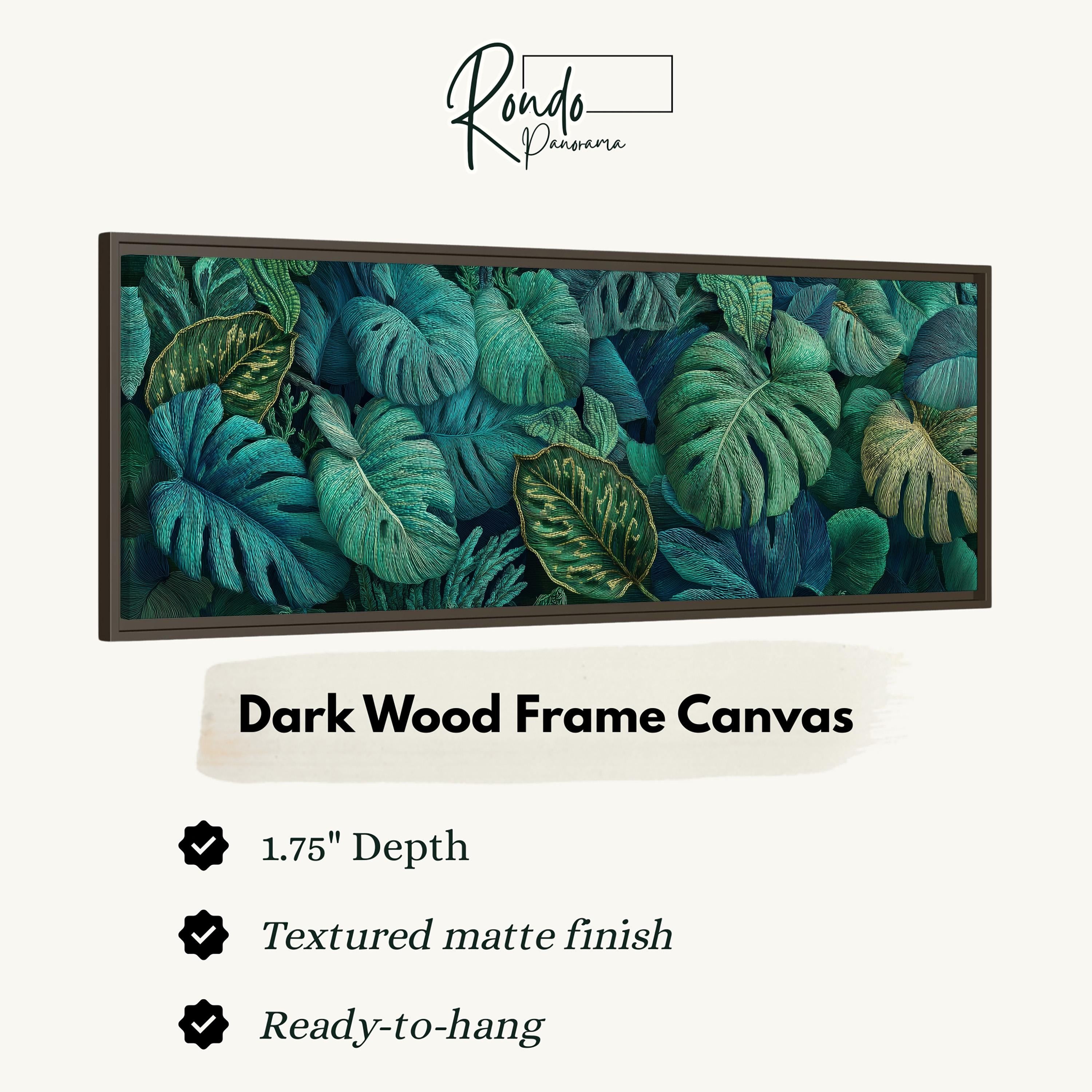 a dark wood frame canvas with a textured matte finish, and it is ready to hang.