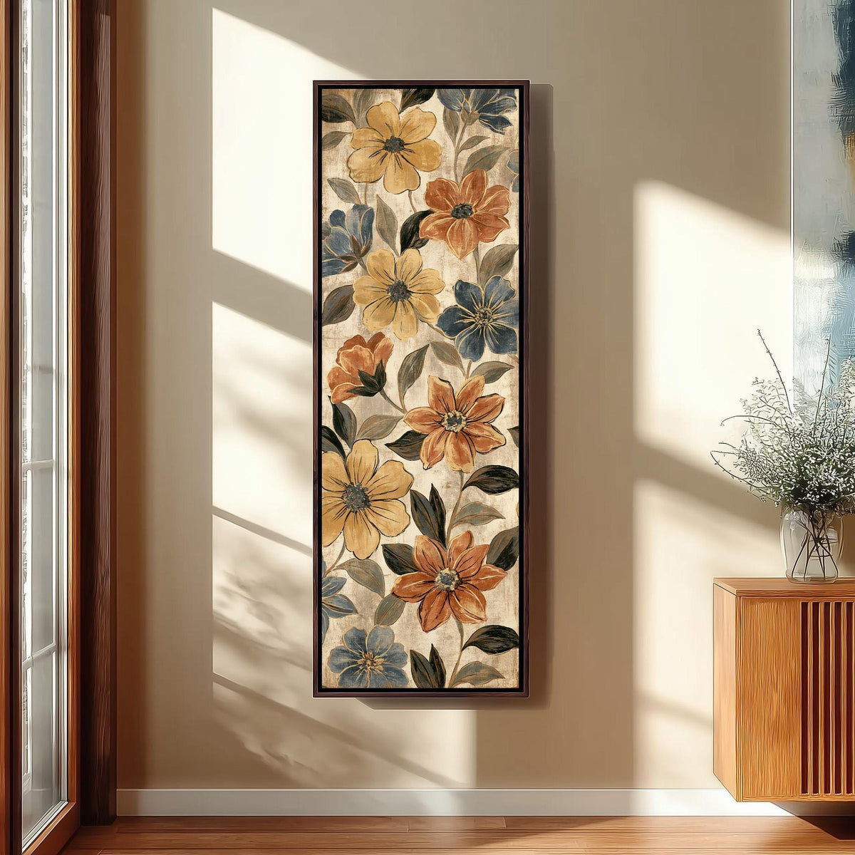 Gold and blue floral pattern tall skinny canvas print in a sunlit living space
