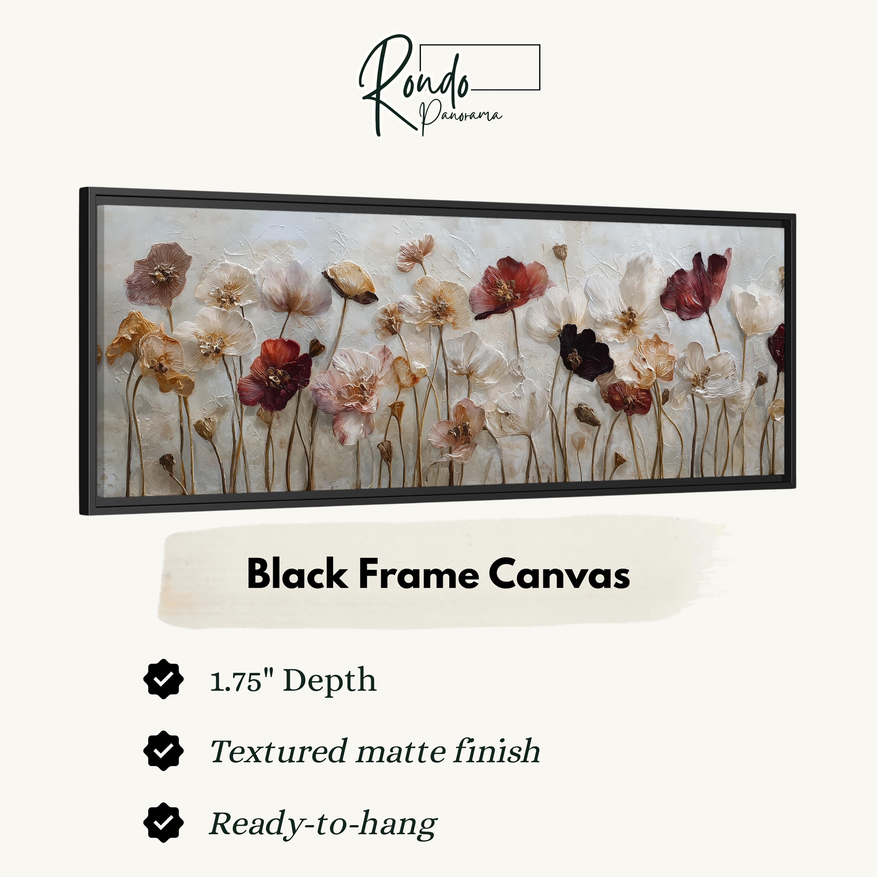 The image is a black frame canvas featuring a floral design with various colored flowers, including red, white, and yellow.