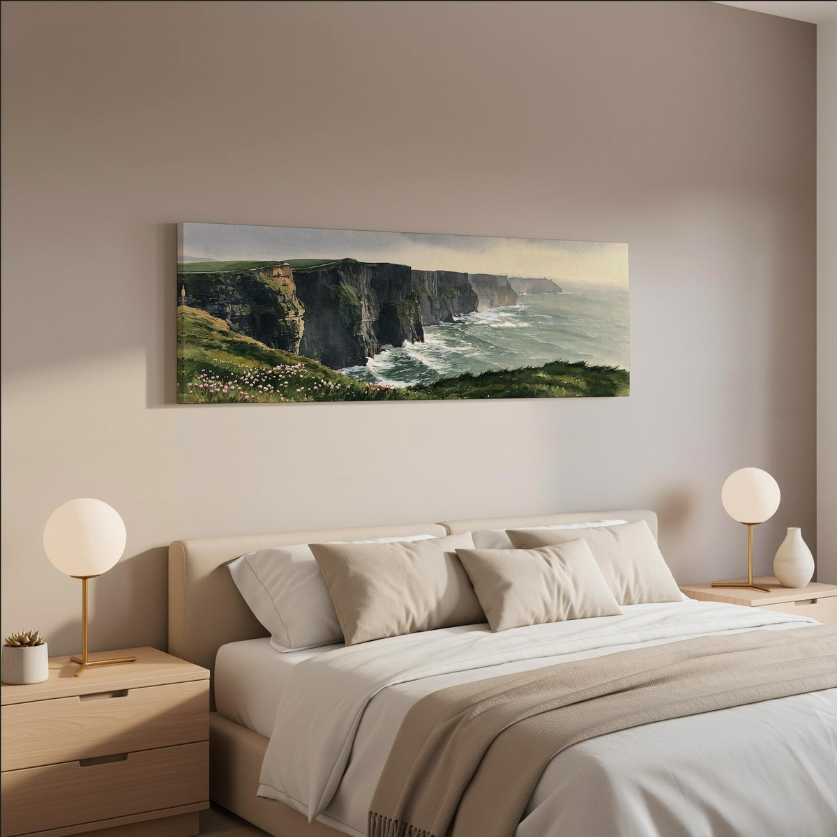 Green sea cliffs with wildflowers wide panoramic canvas print above a bed in a neutral bedroom