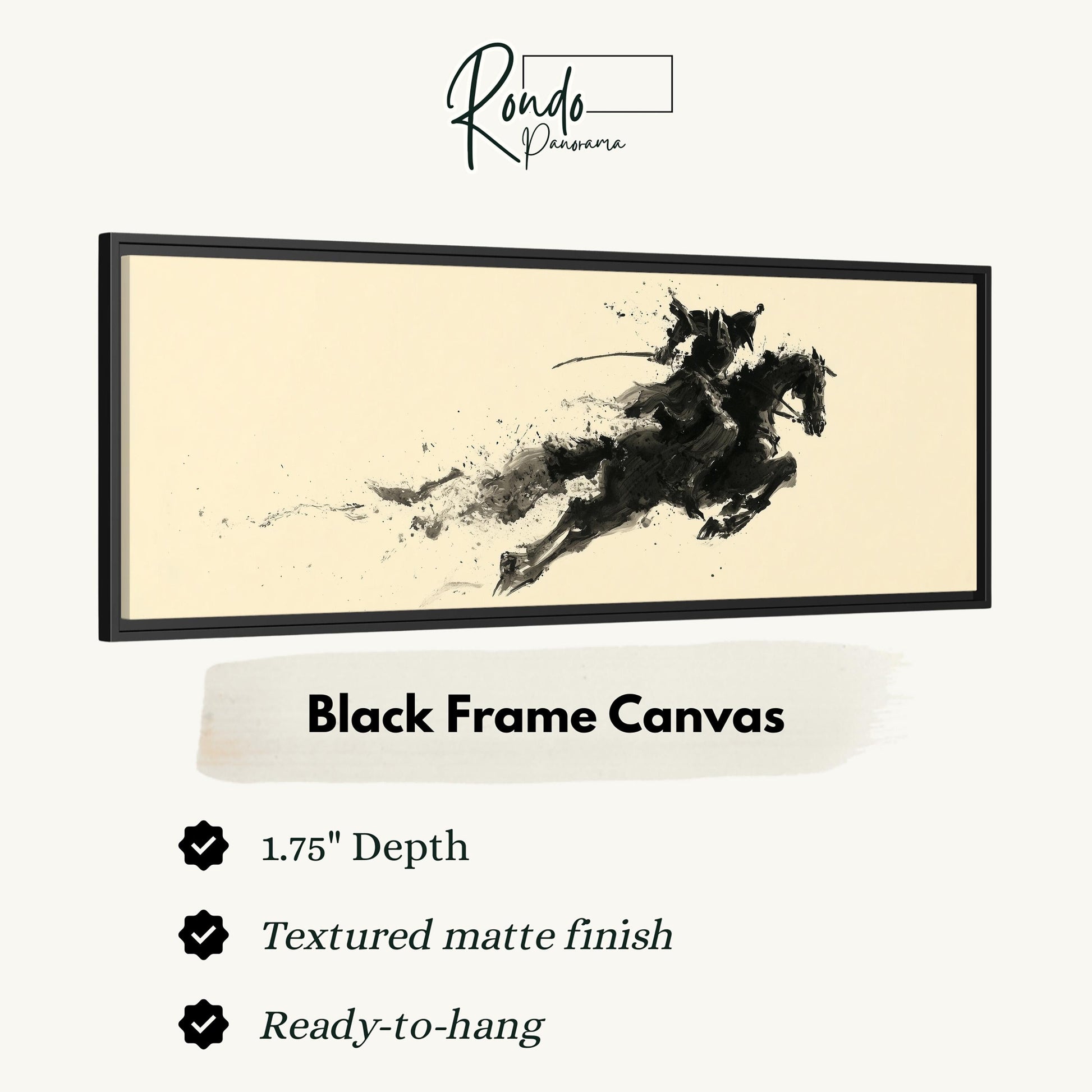 The image is a black frame canvas depicting a horse in motion, with a textured matte finish.