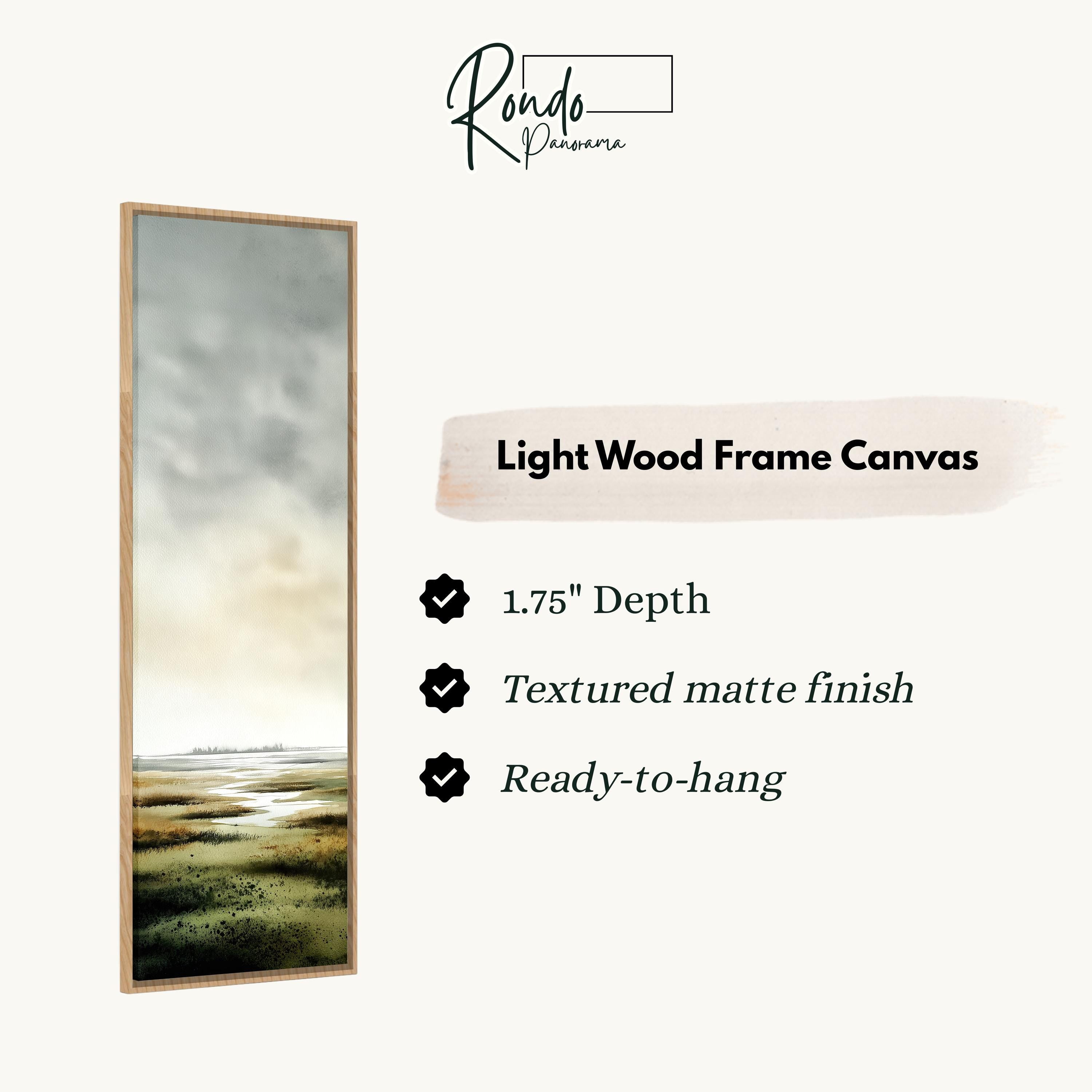The image is a light wood frame canvas depicting a landscape with a body of water and a cloudy sky.
