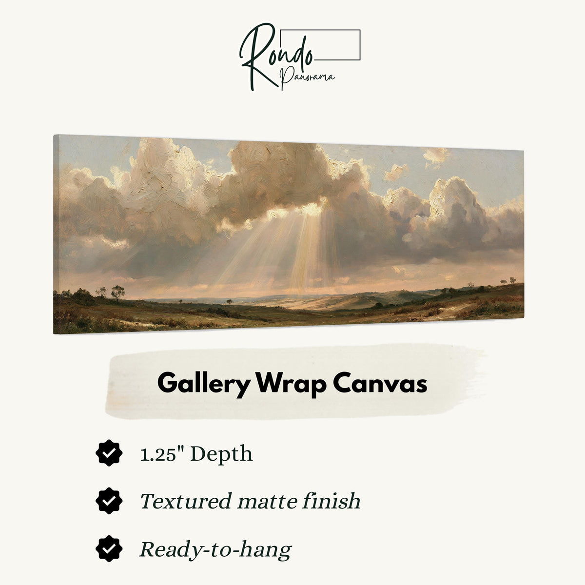 Sunbeams breaking through clouds over plains gallery wrap canvas with the image wrapped around the edges