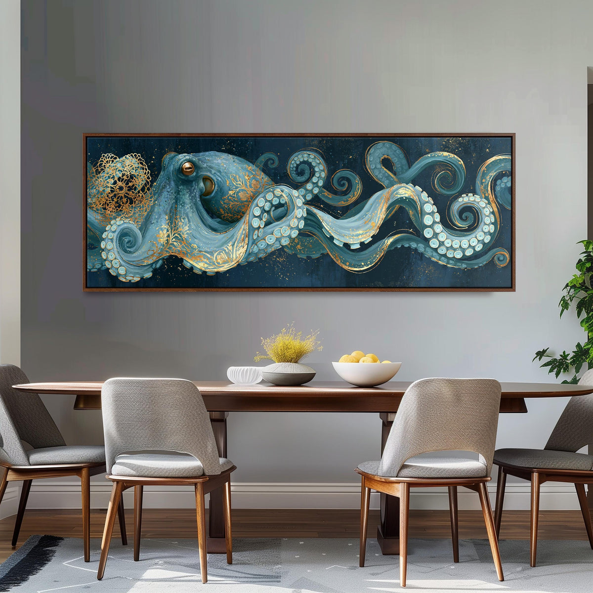 Blue and gold octopus long horizontal canvas print above a dining table