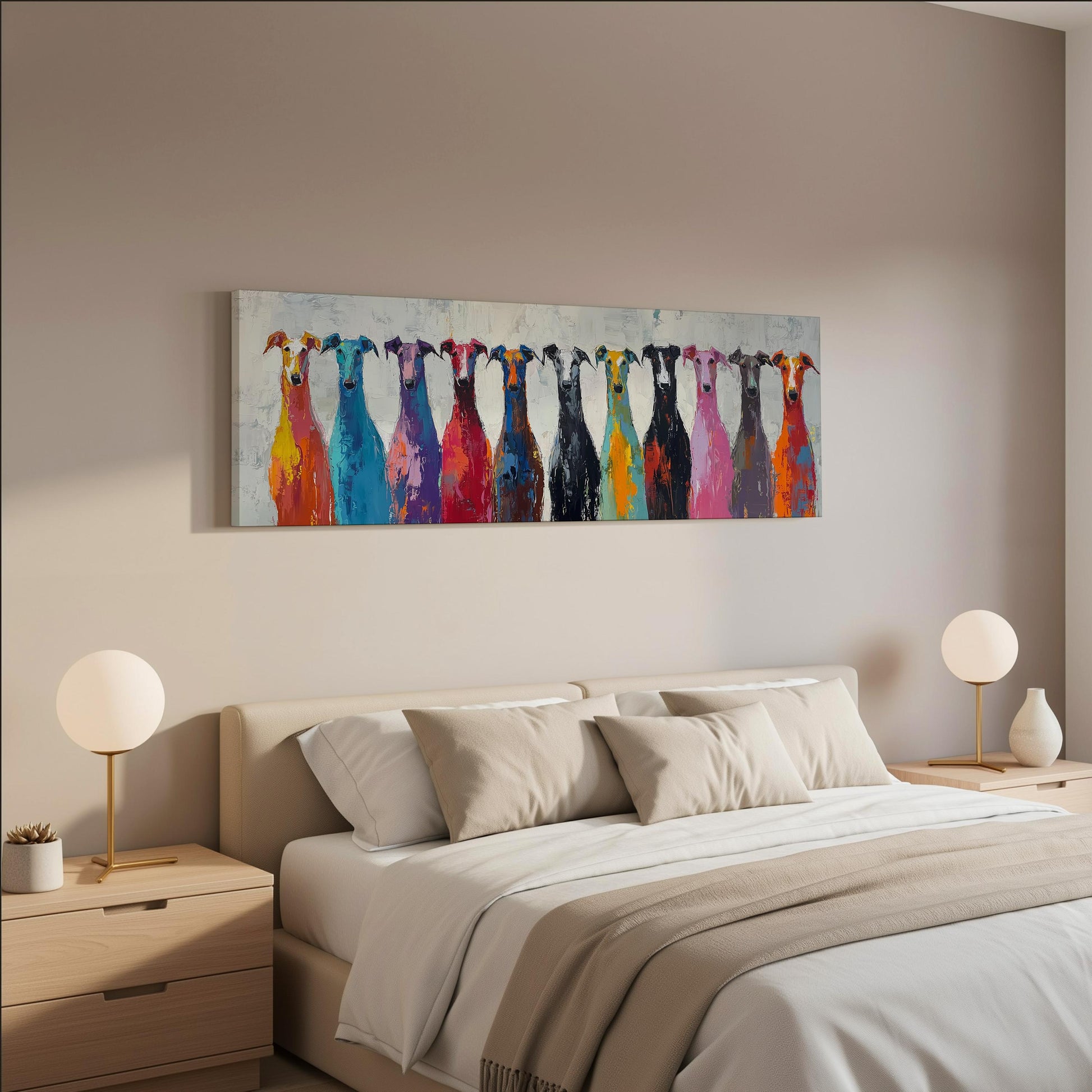 a bedroom with a large bed, two nightstands with lamps, and a painting of colorful dogs hanging on the wall above the bed.