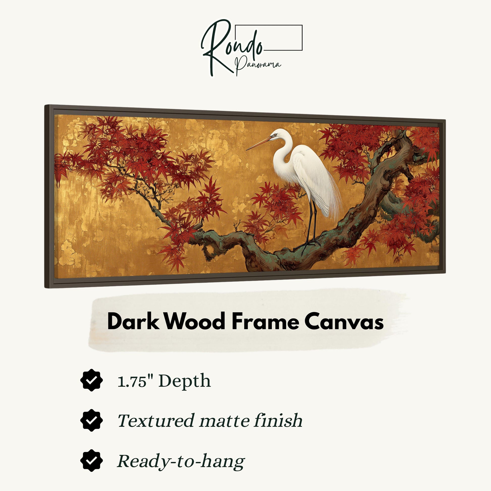 The image is a framed artwork depicting a white crane standing on a branch with red leaves, set against a golden background.